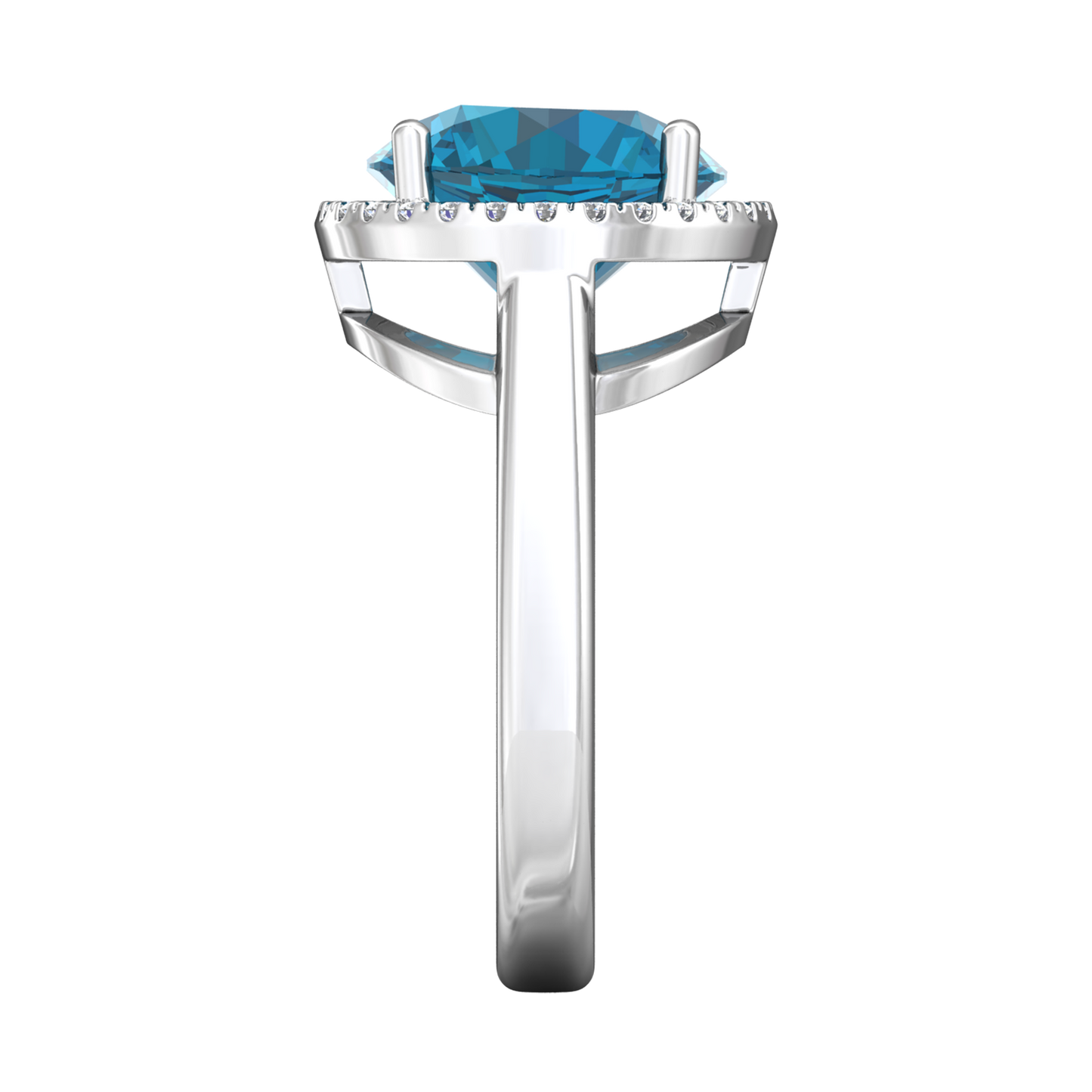 Nova round London Blue Topaz ring with a halo of diamonds Gardiner Brothers