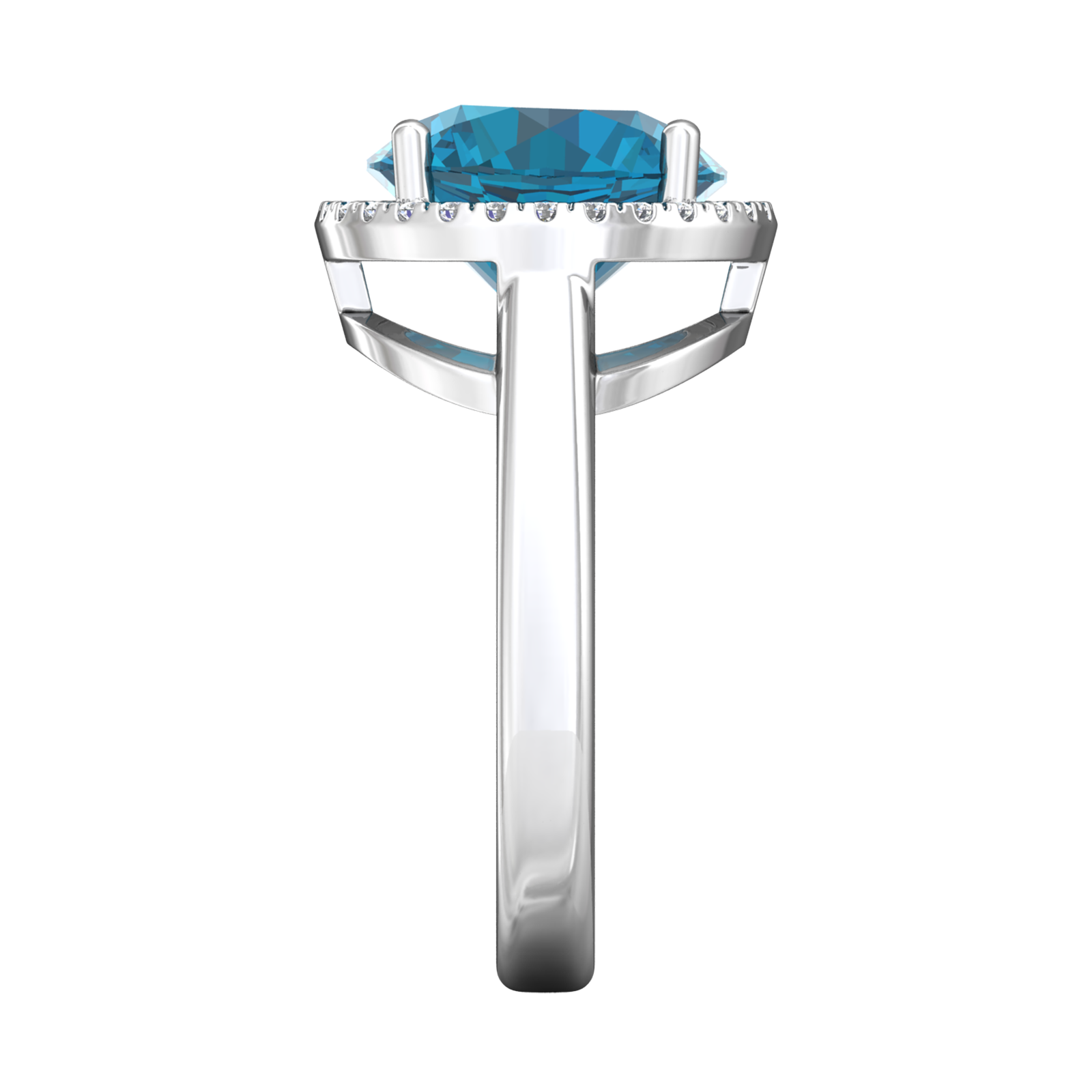 Nova round London Blue Topaz ring with a halo of diamonds Gardiner Brothers