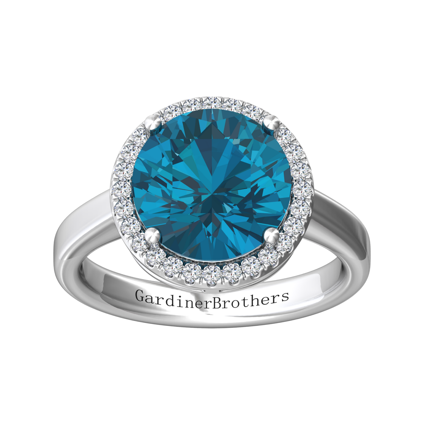 Nova round London Blue Topaz ring with a halo of diamonds Gardiner Brothers