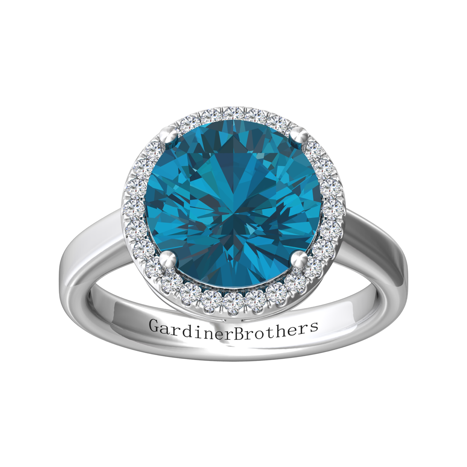 Nova round London Blue Topaz ring with a halo of diamonds Gardiner Brothers