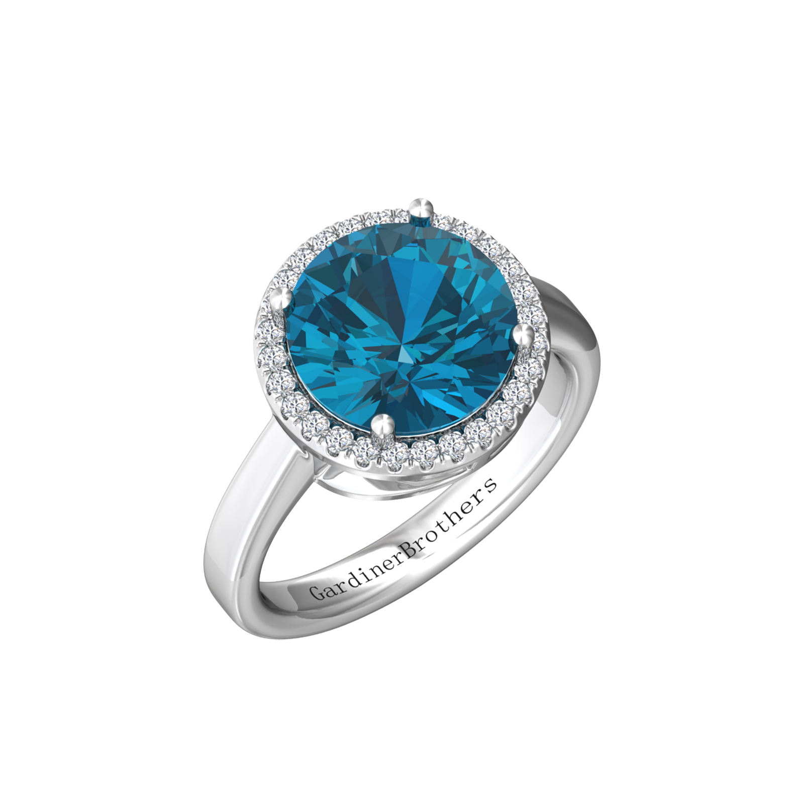 Nova round London Blue Topaz ring with a halo of diamonds Gardiner Brothers White Gold