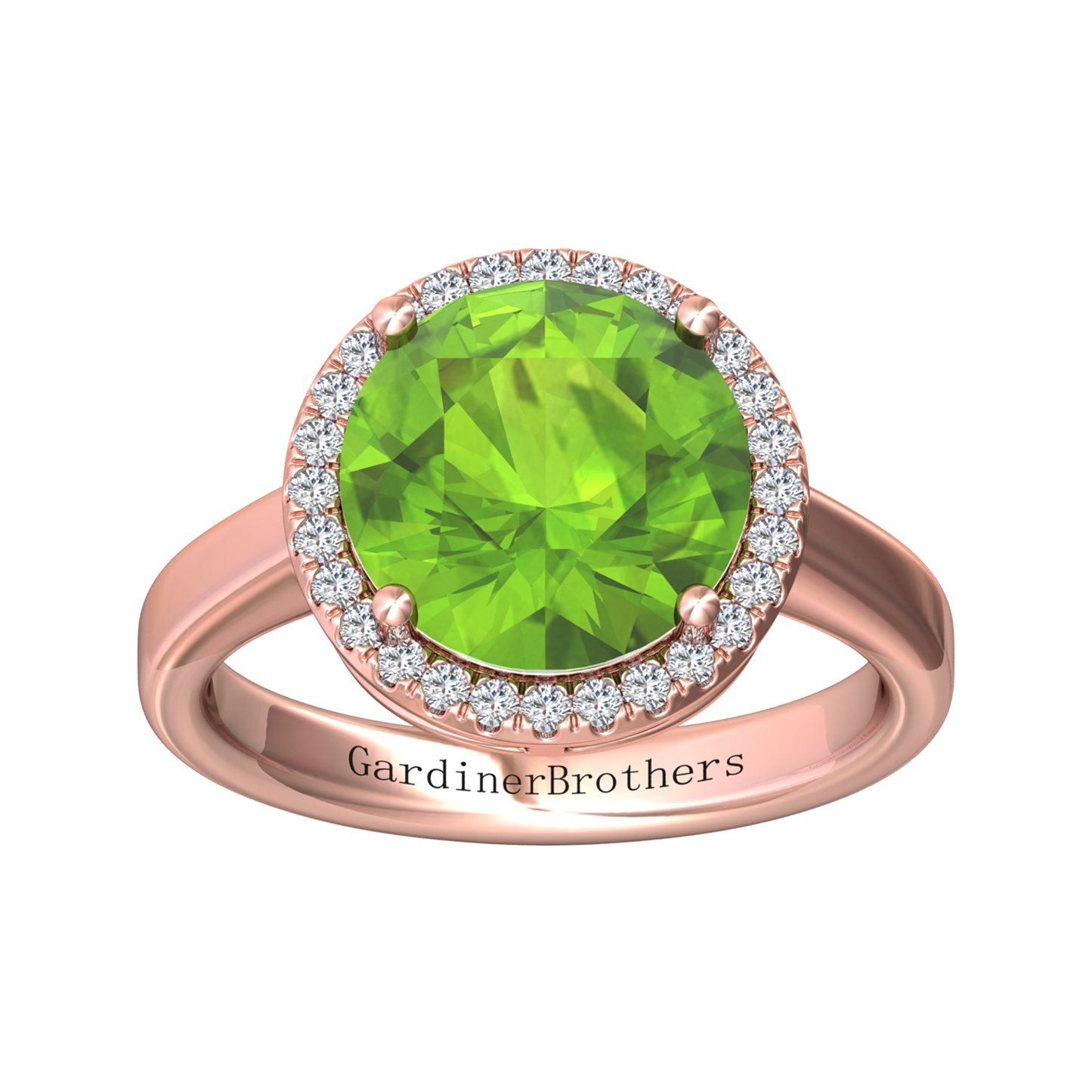 Nova round Peridot ring with a halo of diamonds Gardiner Brothers