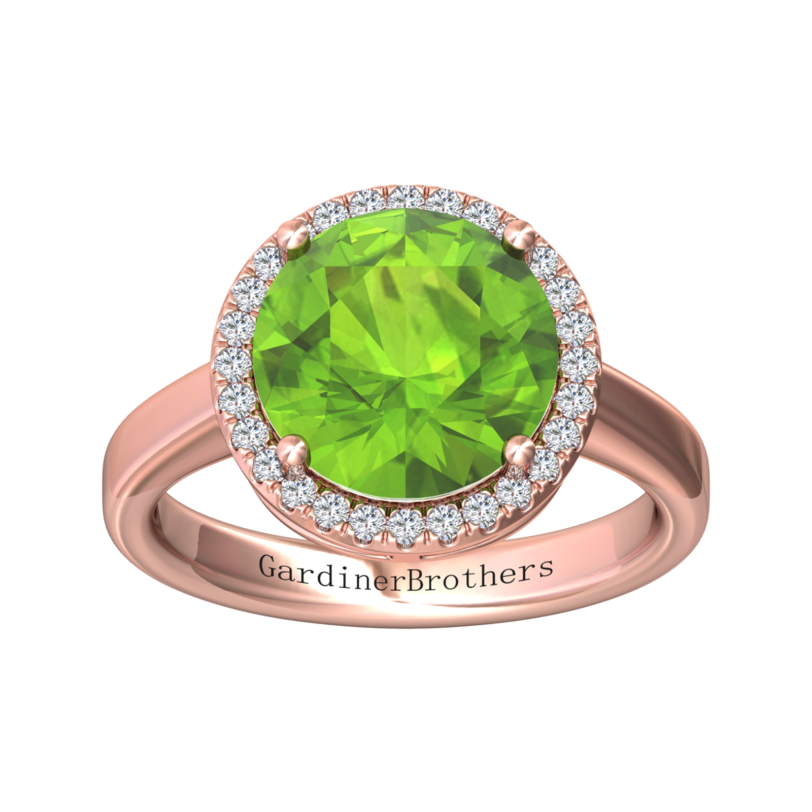 Nova round Peridot ring with a halo of diamonds Gardiner Brothers