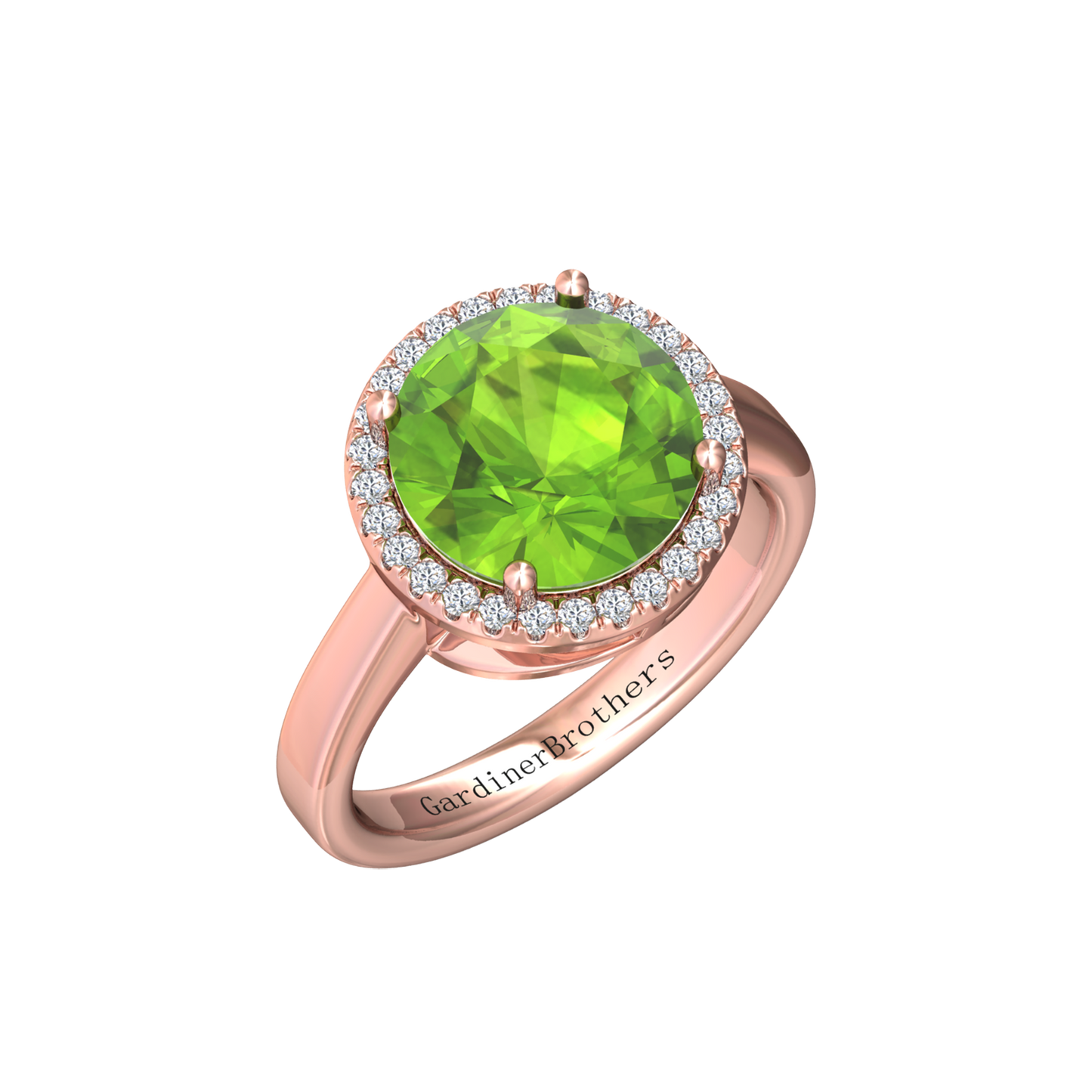 Nova round Peridot ring with a halo of diamonds Gardiner Brothers Rose Gold