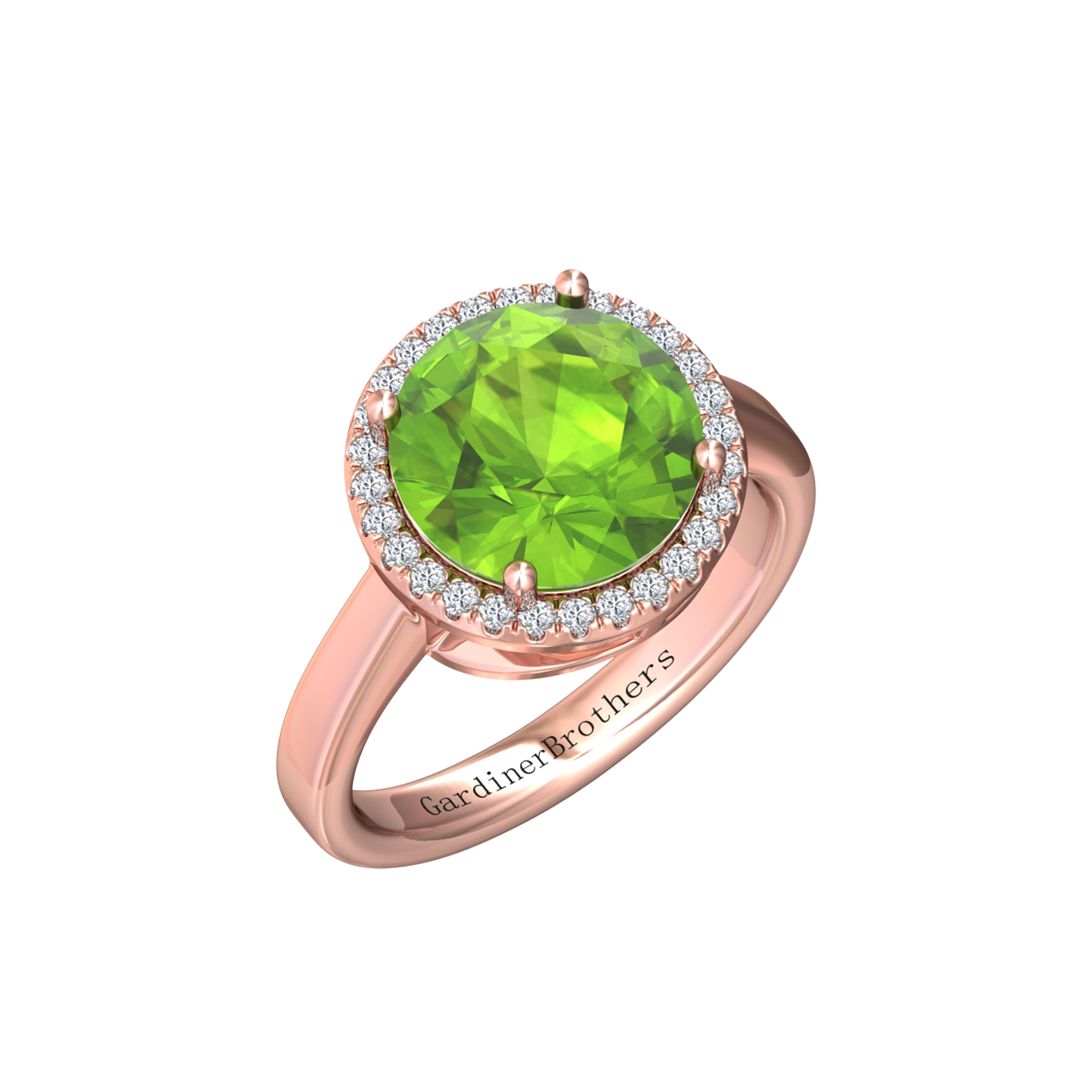 Nova round Peridot ring with a halo of diamonds Gardiner Brothers Rose Gold
