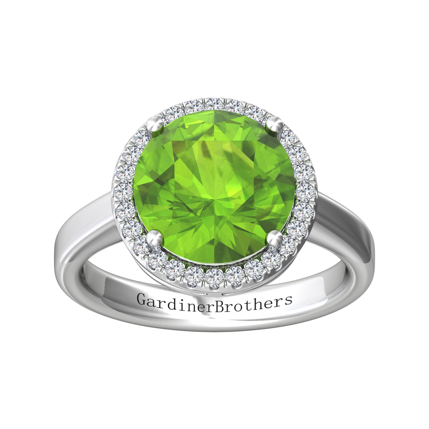 Nova round Peridot ring with a halo of diamonds Gardiner Brothers