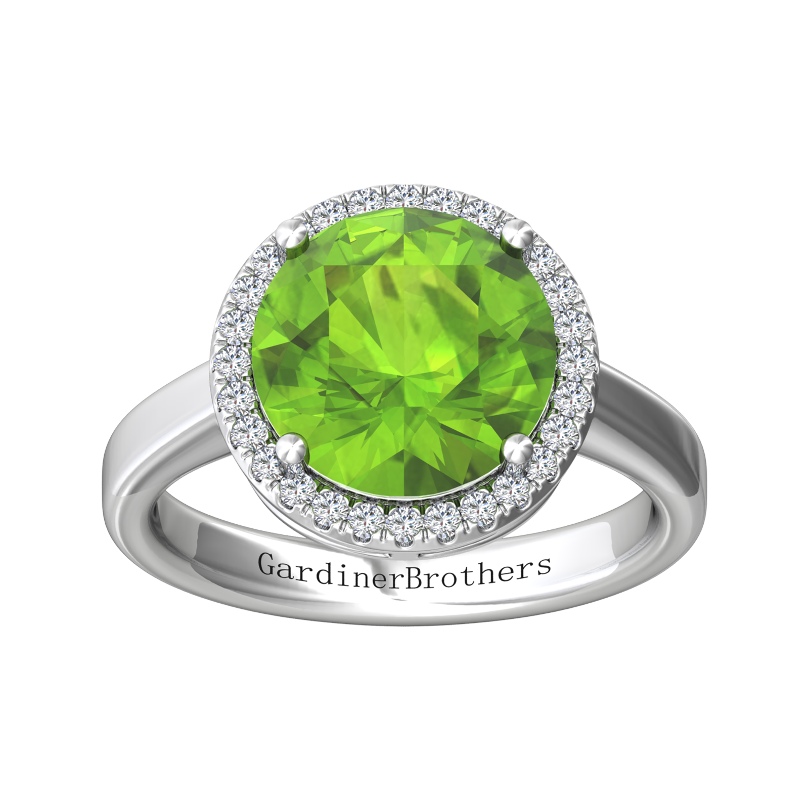 Nova round Peridot ring with a halo of diamonds Gardiner Brothers