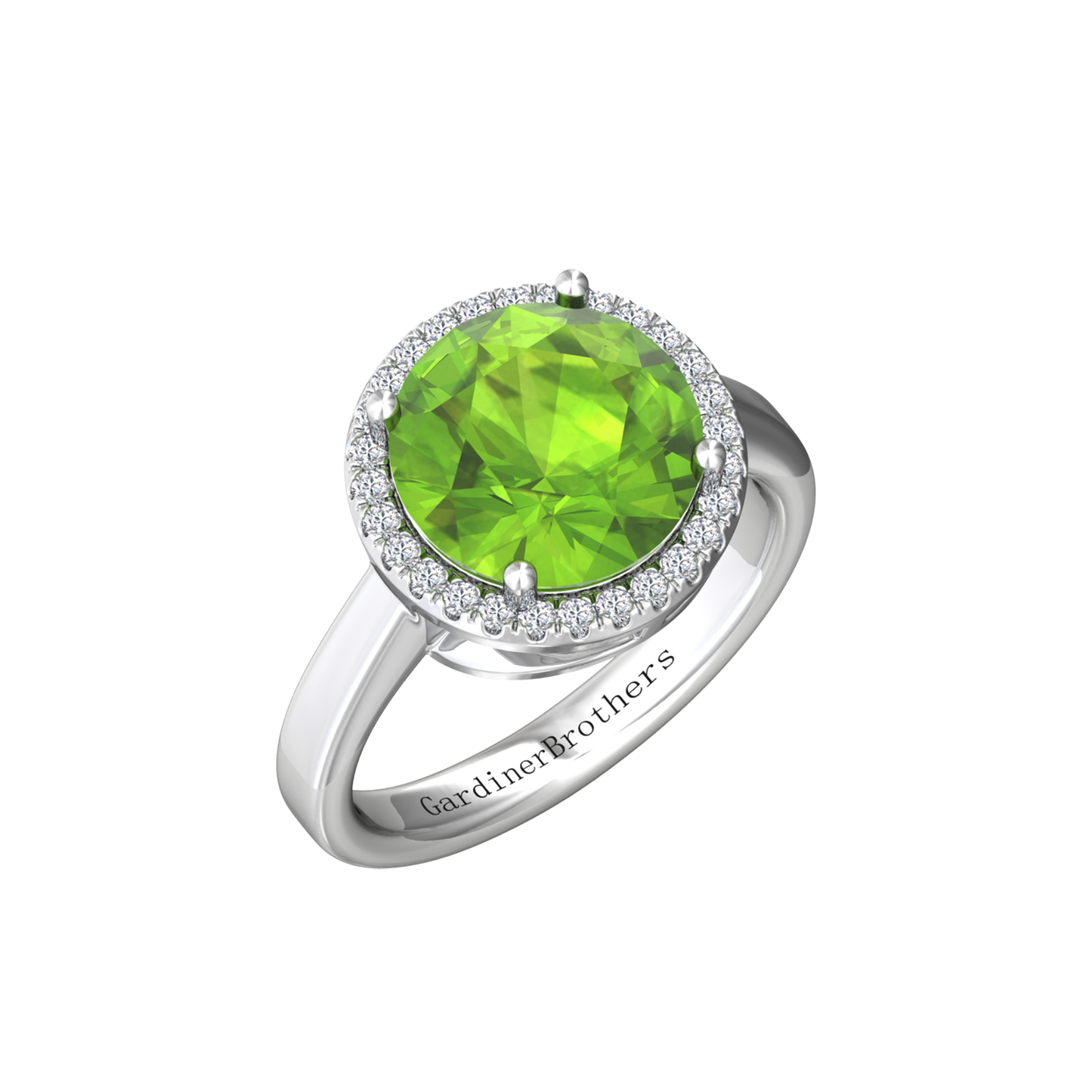 Nova round Peridot ring with a halo of diamonds Gardiner Brothers White Gold