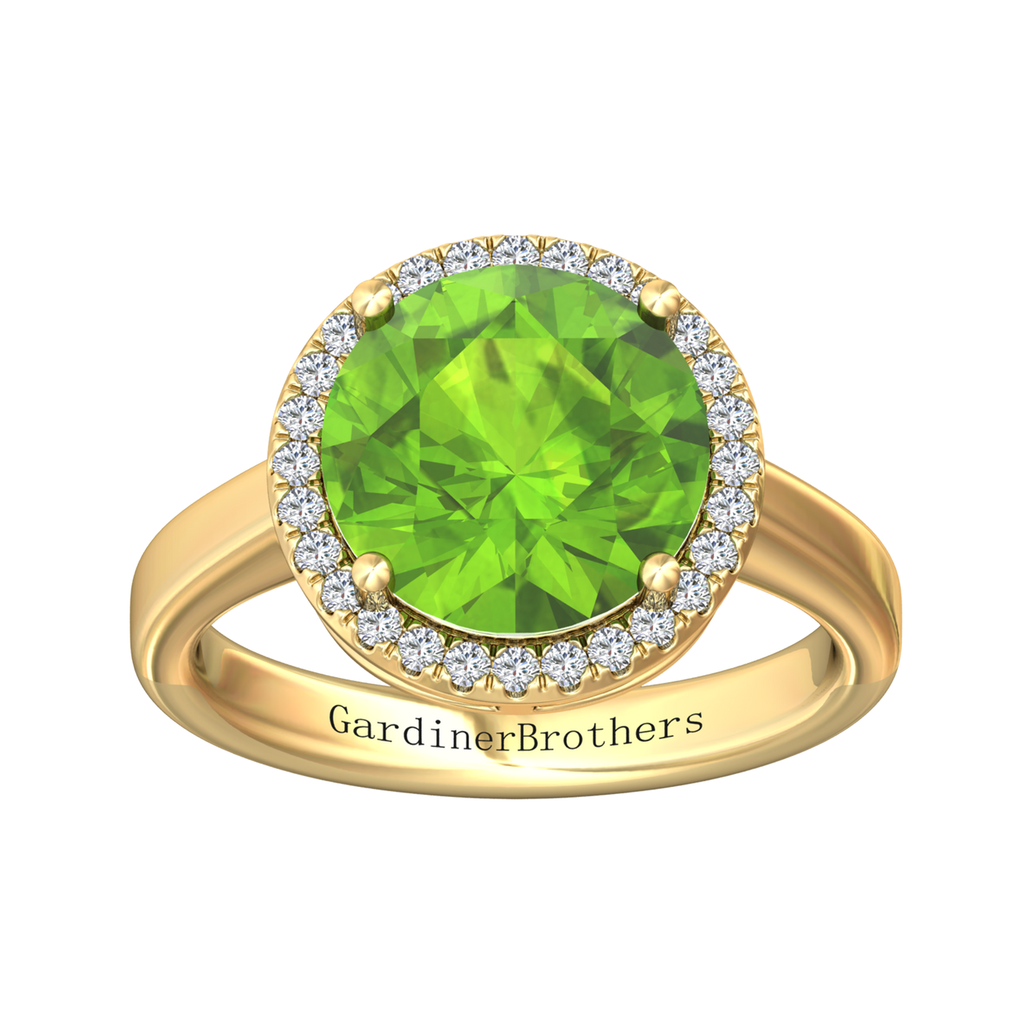 Nova round Peridot ring with a halo of diamonds Gardiner Brothers