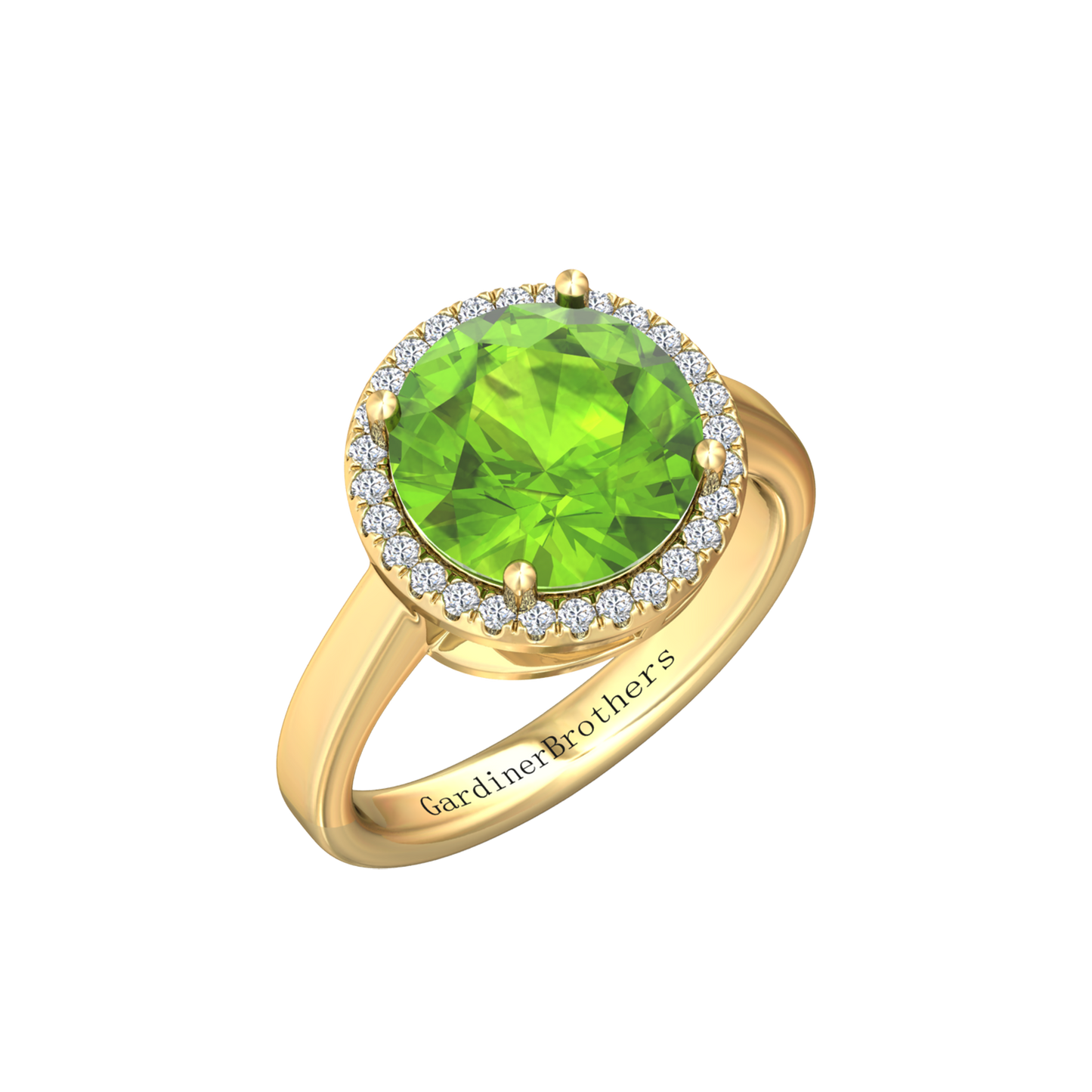 Nova round Peridot ring with a halo of diamonds Gardiner Brothers Yellow Gold