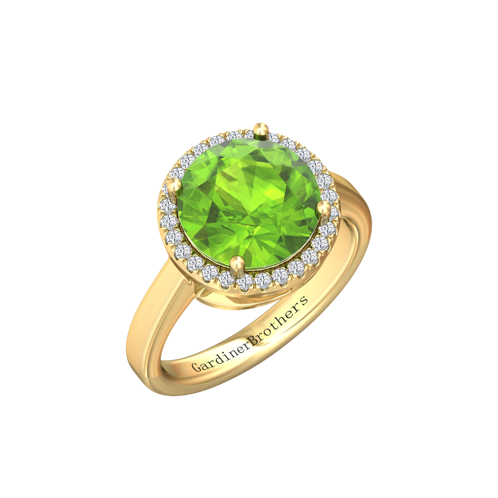 Nova round Peridot ring with a halo of diamonds Gardiner Brothers Yellow Gold