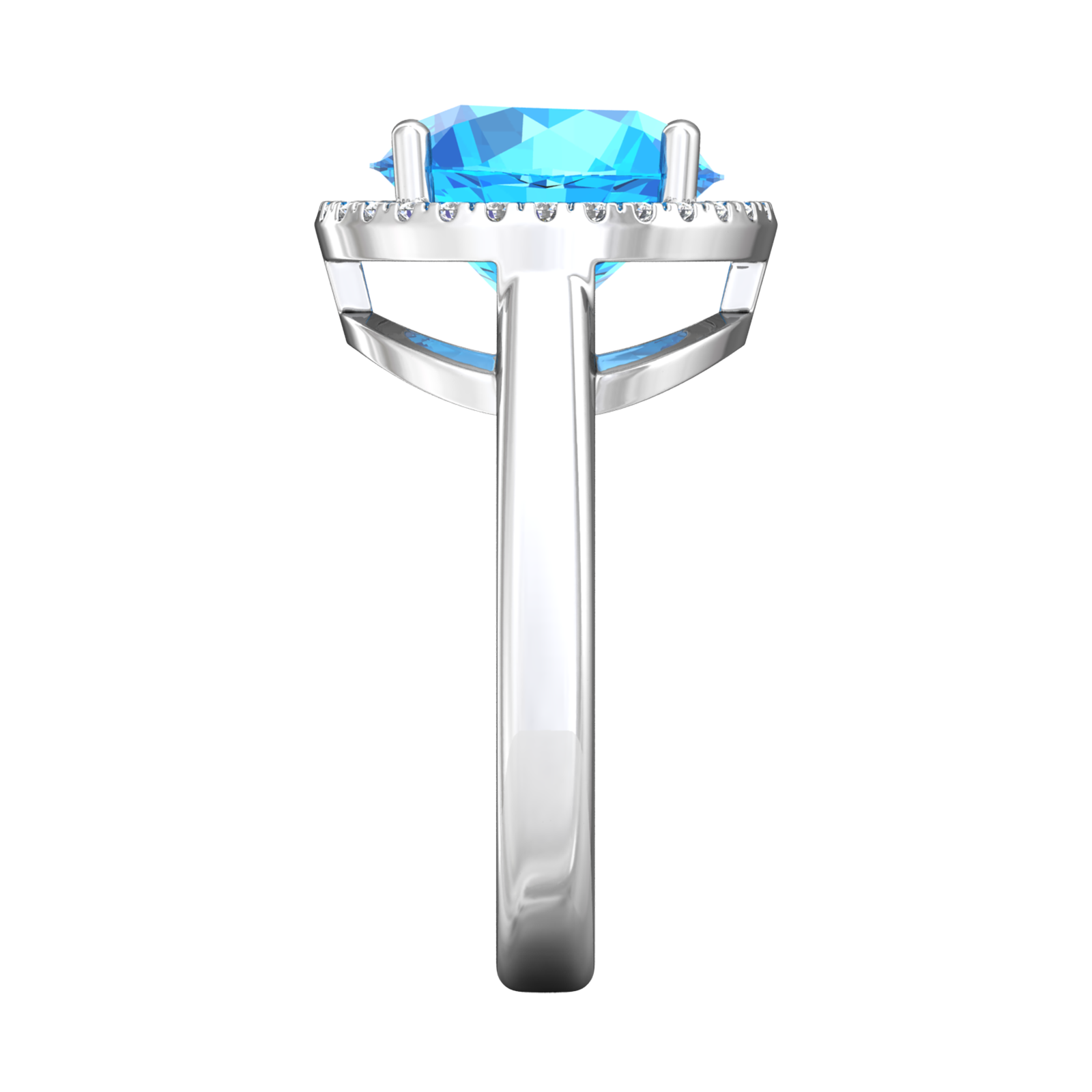 Nova round Swiss Blue Topaz ring with a halo of diamonds Gardiner Brothers