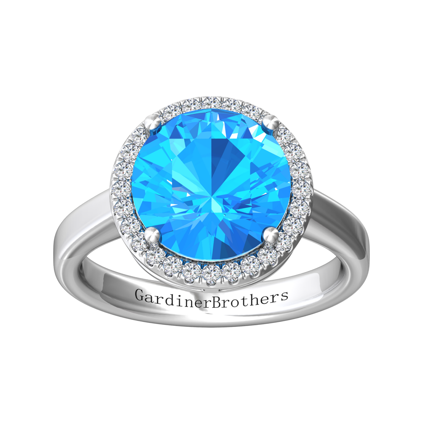 Nova round Swiss Blue Topaz ring with a halo of diamonds Gardiner Brothers