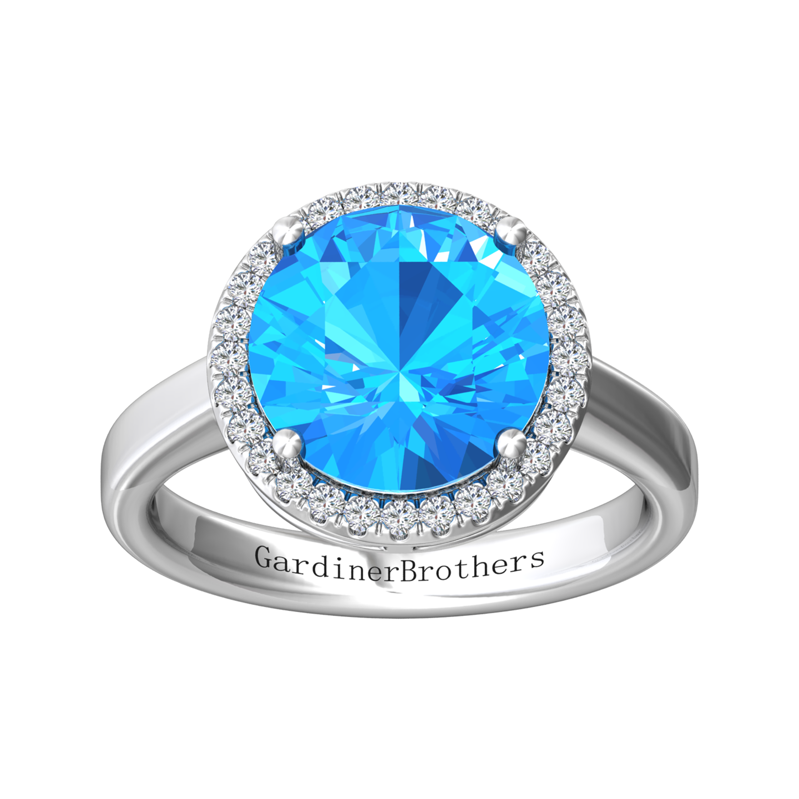 Nova round Swiss Blue Topaz ring with a halo of diamonds Gardiner Brothers