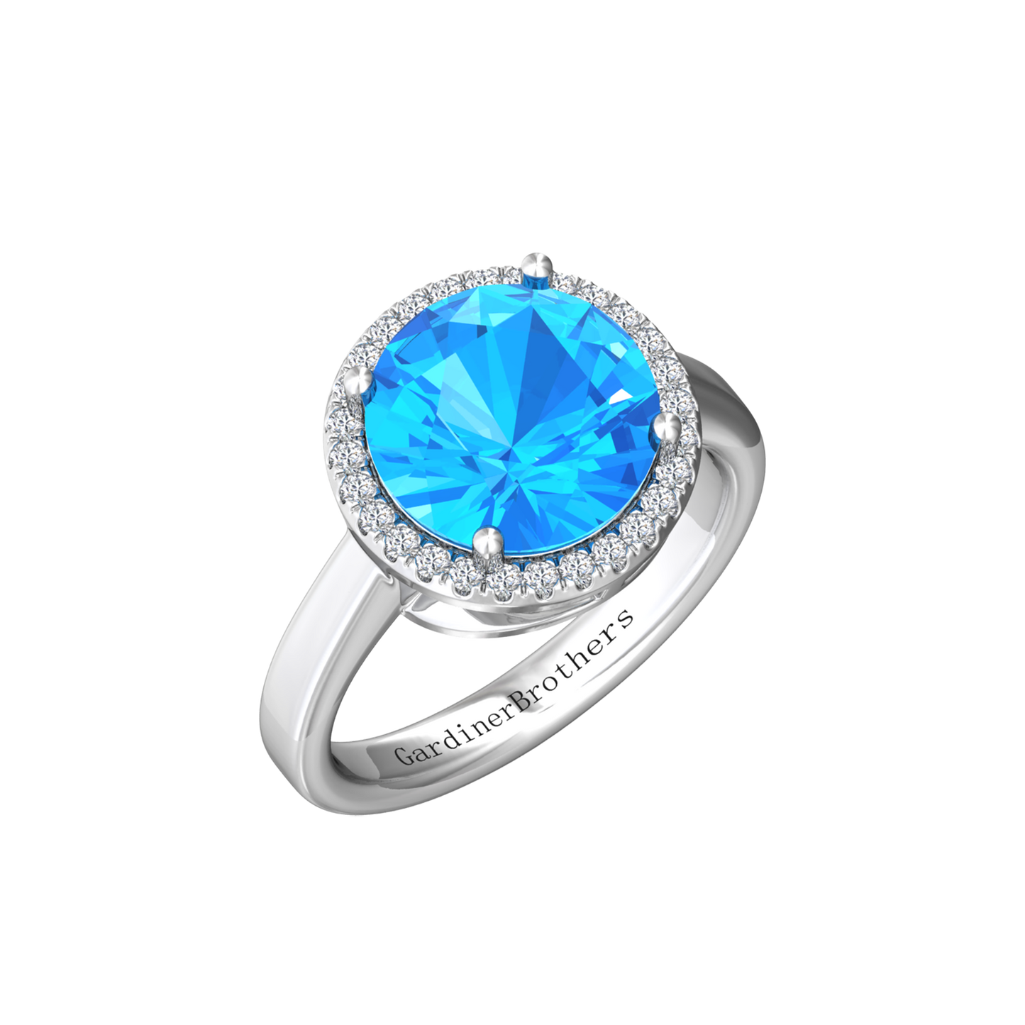 Nova round Swiss Blue Topaz ring with a halo of diamonds Gardiner Brothers White Gold