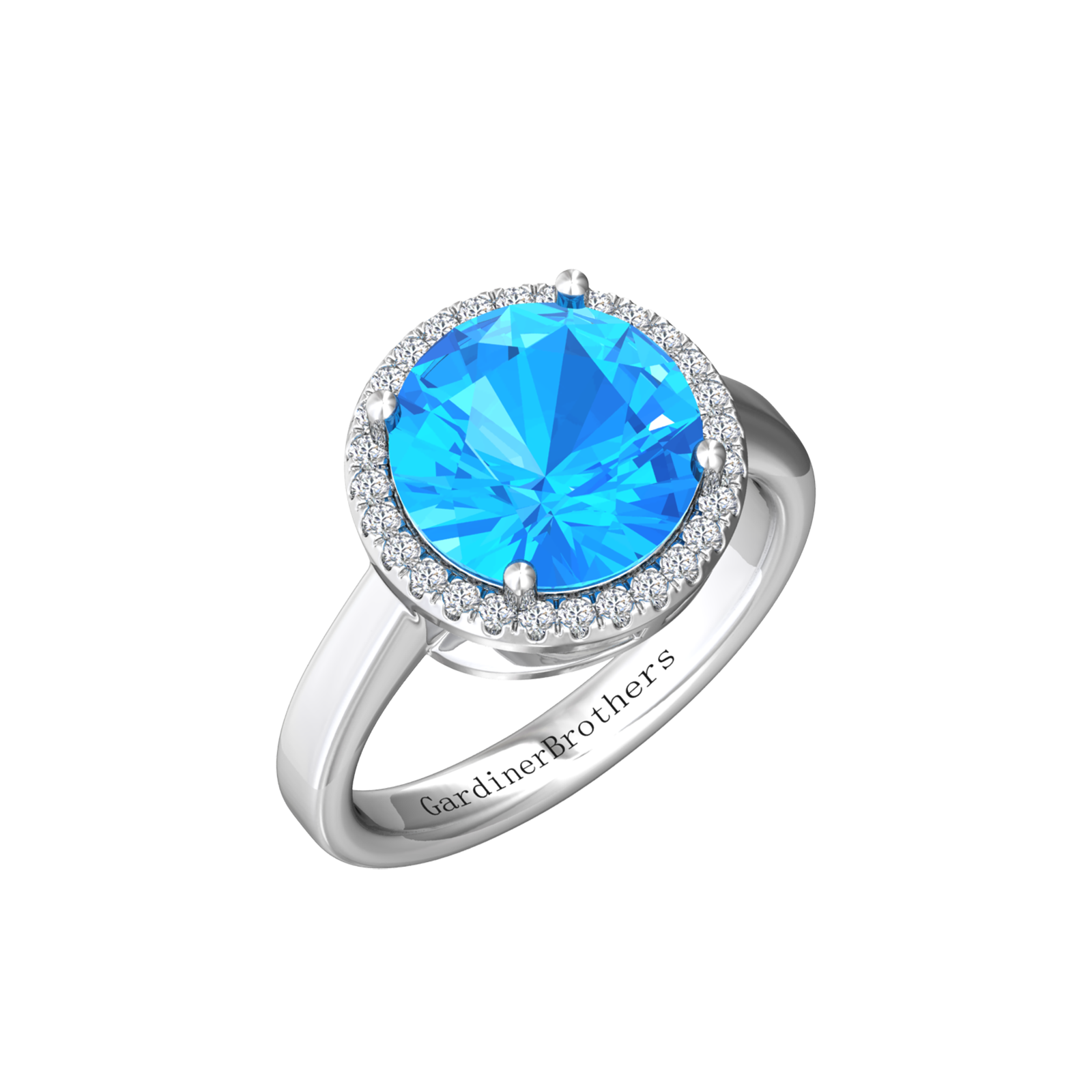 Nova round Swiss Blue Topaz ring with a halo of diamonds Gardiner Brothers White Gold