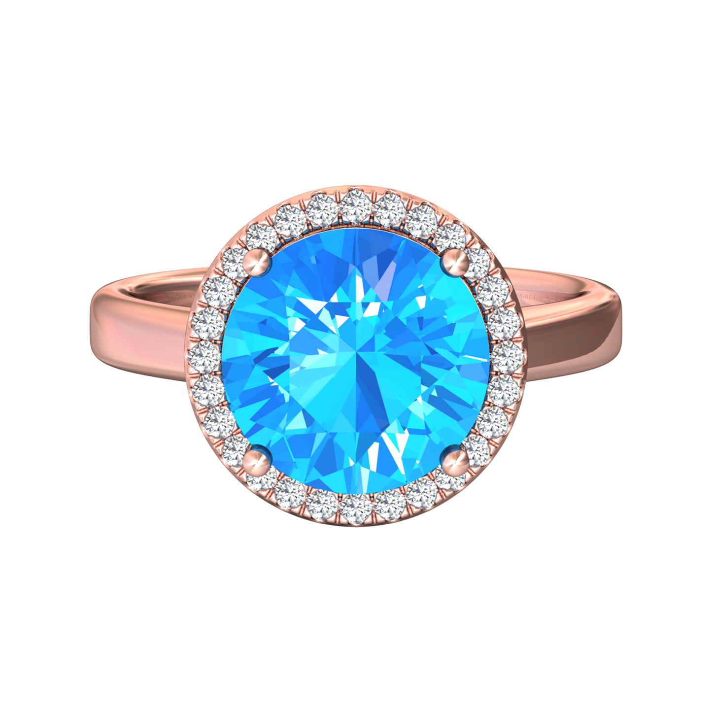 Nova round Swiss Blue Topaz ring with a halo of diamonds Gardiner Brothers