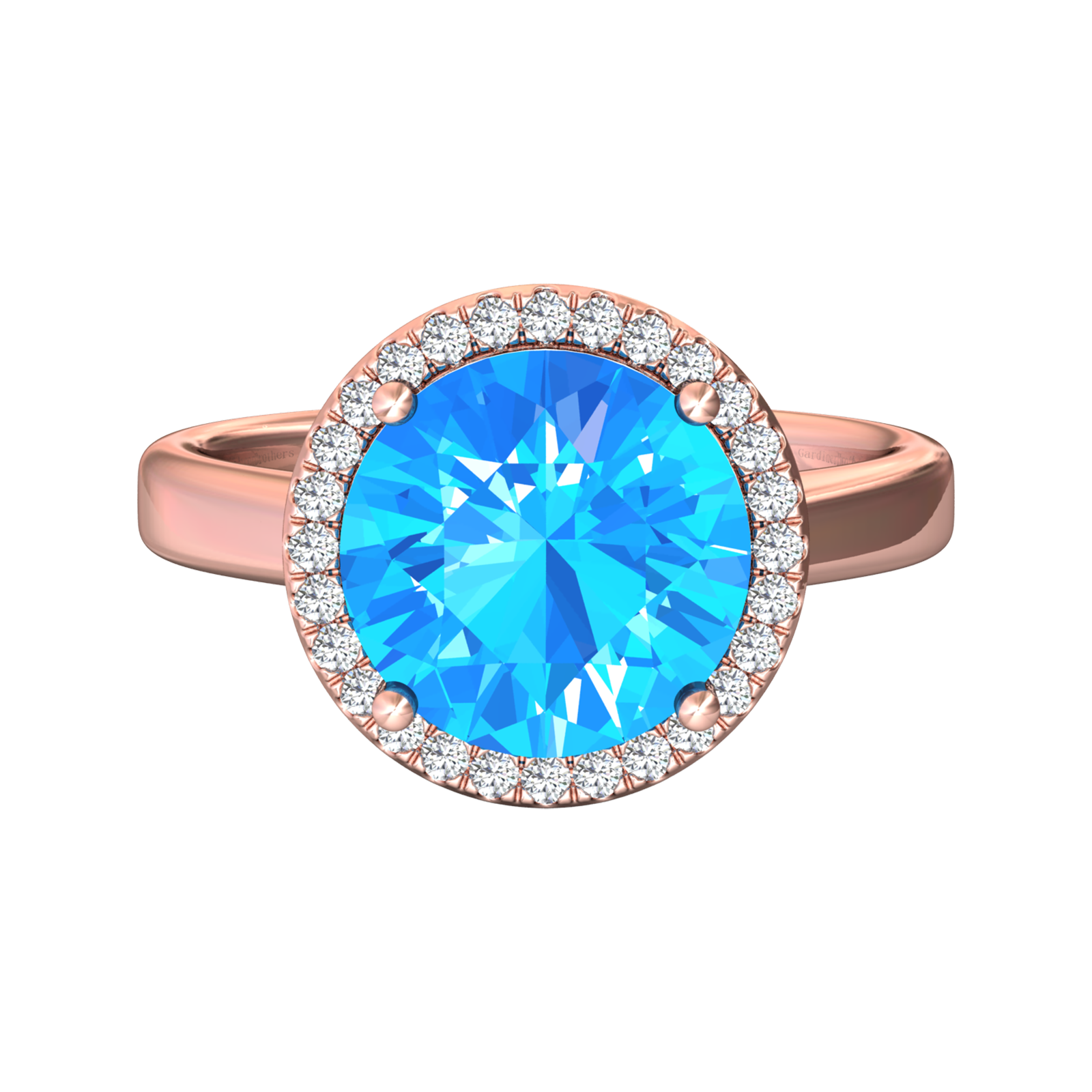 Nova round Swiss Blue Topaz ring with a halo of diamonds Gardiner Brothers