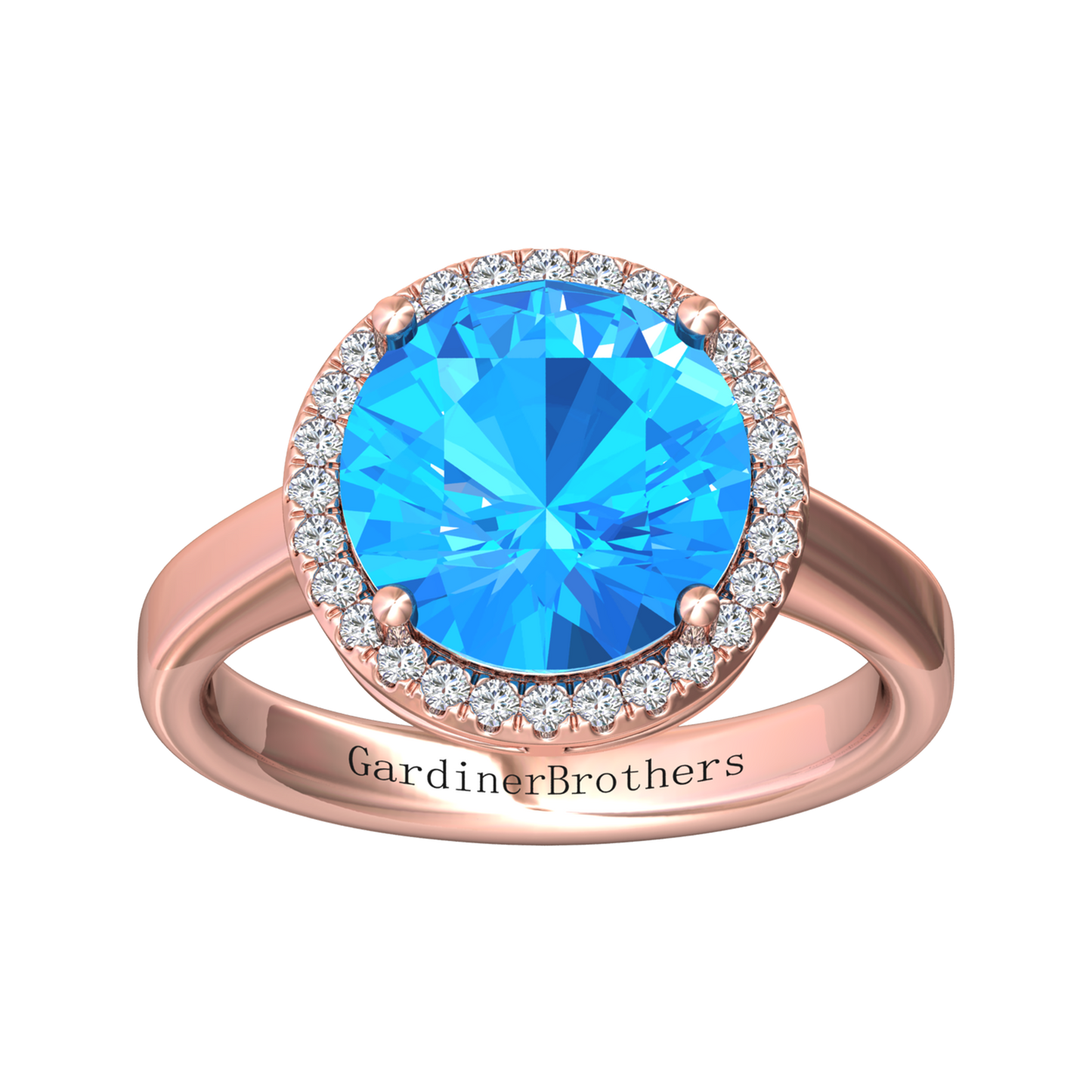 Nova round Swiss Blue Topaz ring with a halo of diamonds Gardiner Brothers