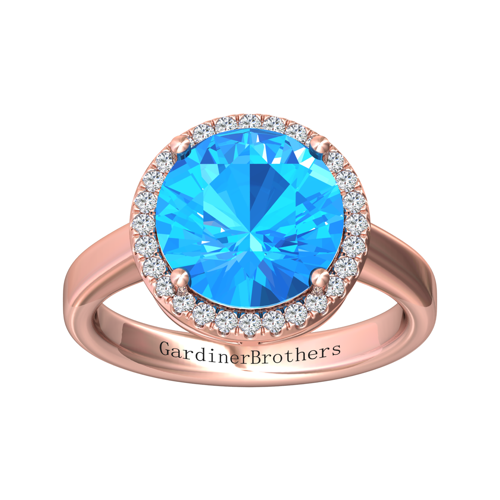 Nova round Swiss Blue Topaz ring with a halo of diamonds Gardiner Brothers