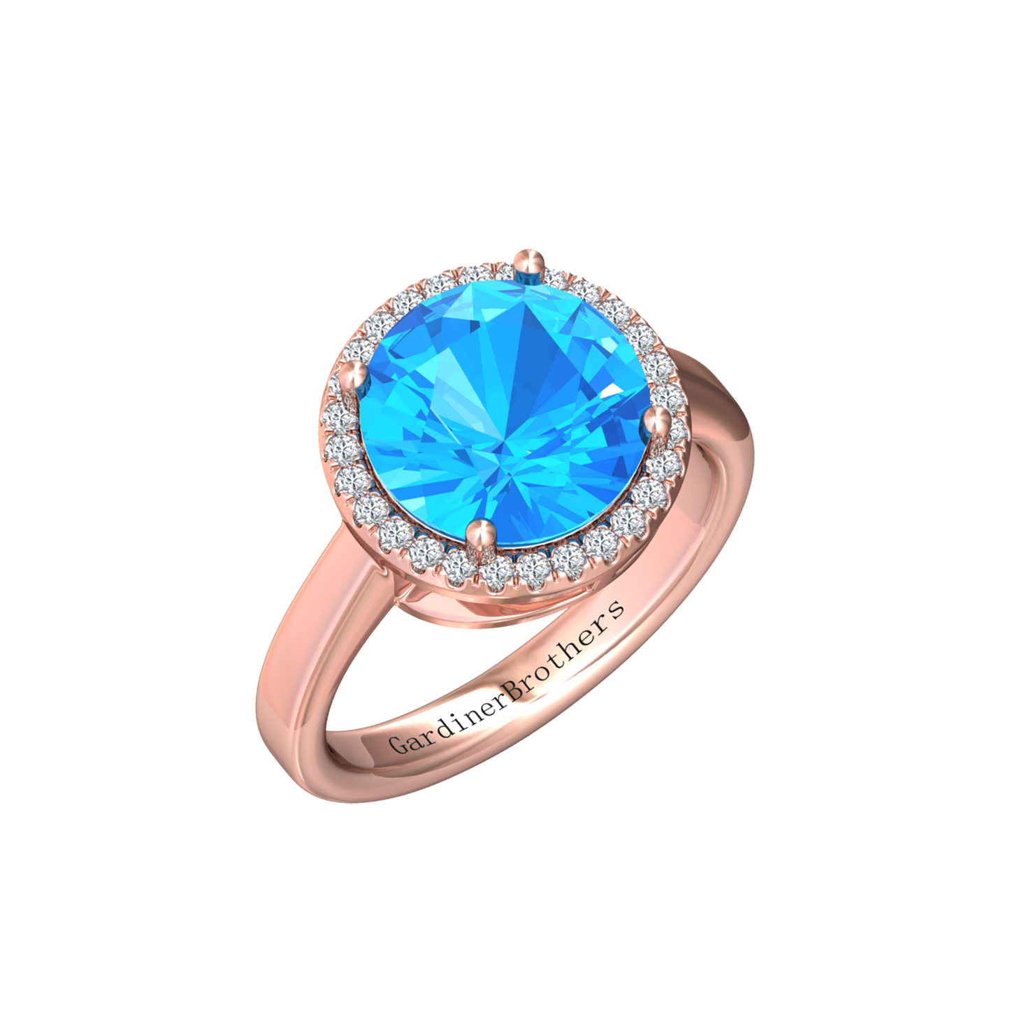Nova round Swiss Blue Topaz ring with a halo of diamonds Gardiner Brothers Rose Gold