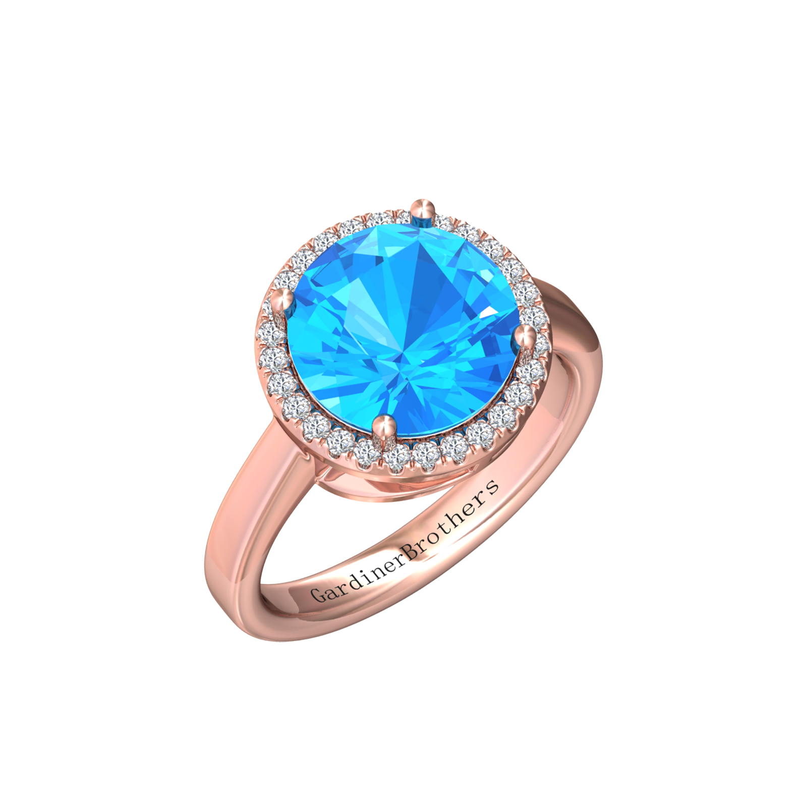 Nova round Swiss Blue Topaz ring with a halo of diamonds Gardiner Brothers Rose Gold