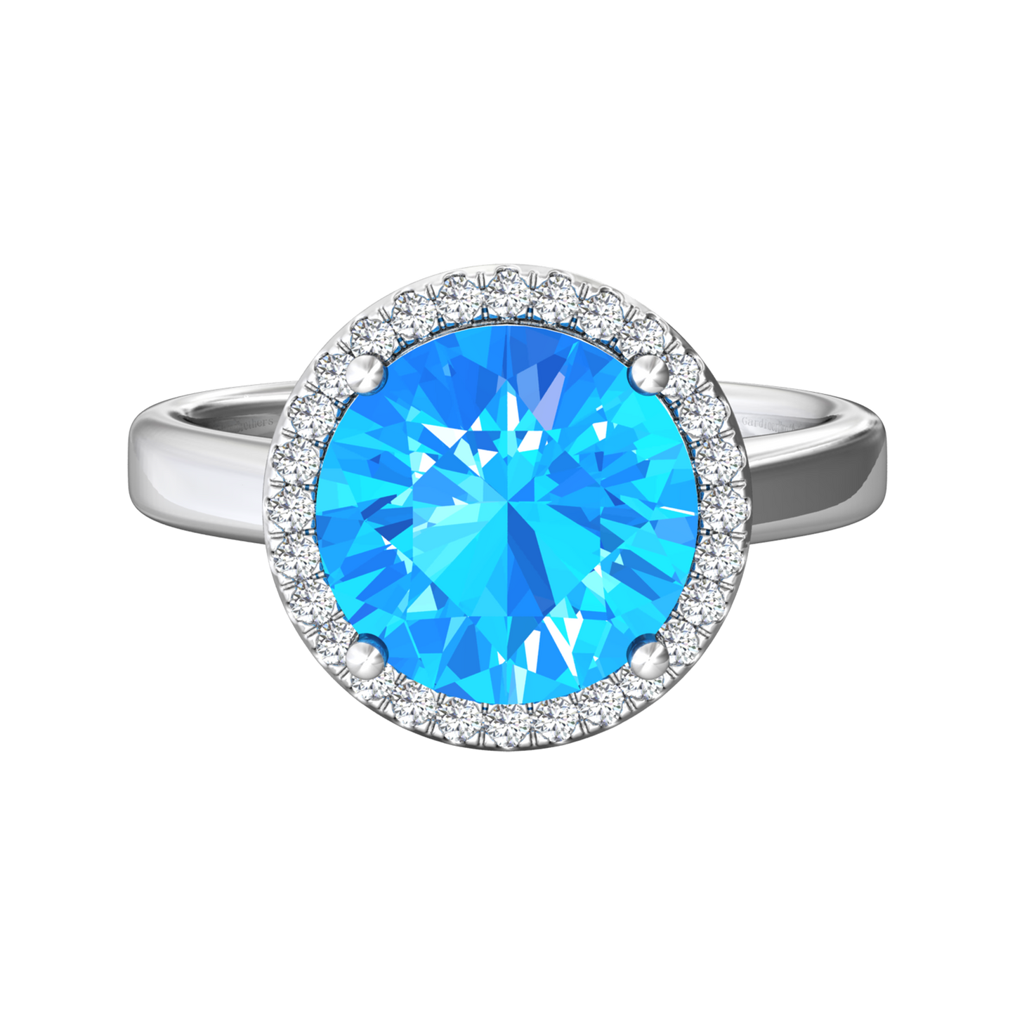 Nova round Swiss Blue Topaz ring with a halo of diamonds Gardiner Brothers