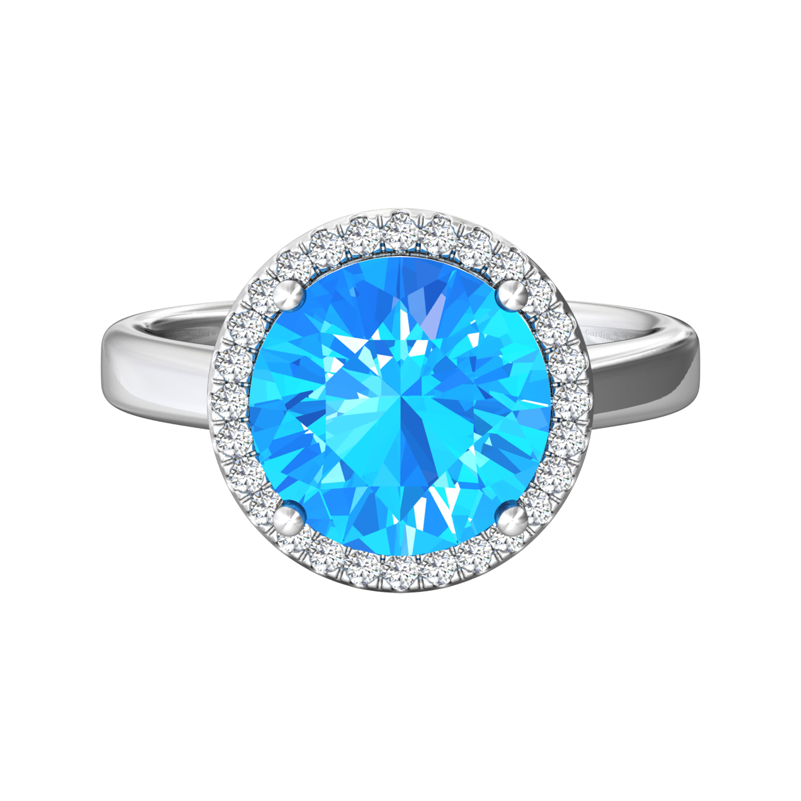 Nova round Swiss Blue Topaz ring with a halo of diamonds Gardiner Brothers