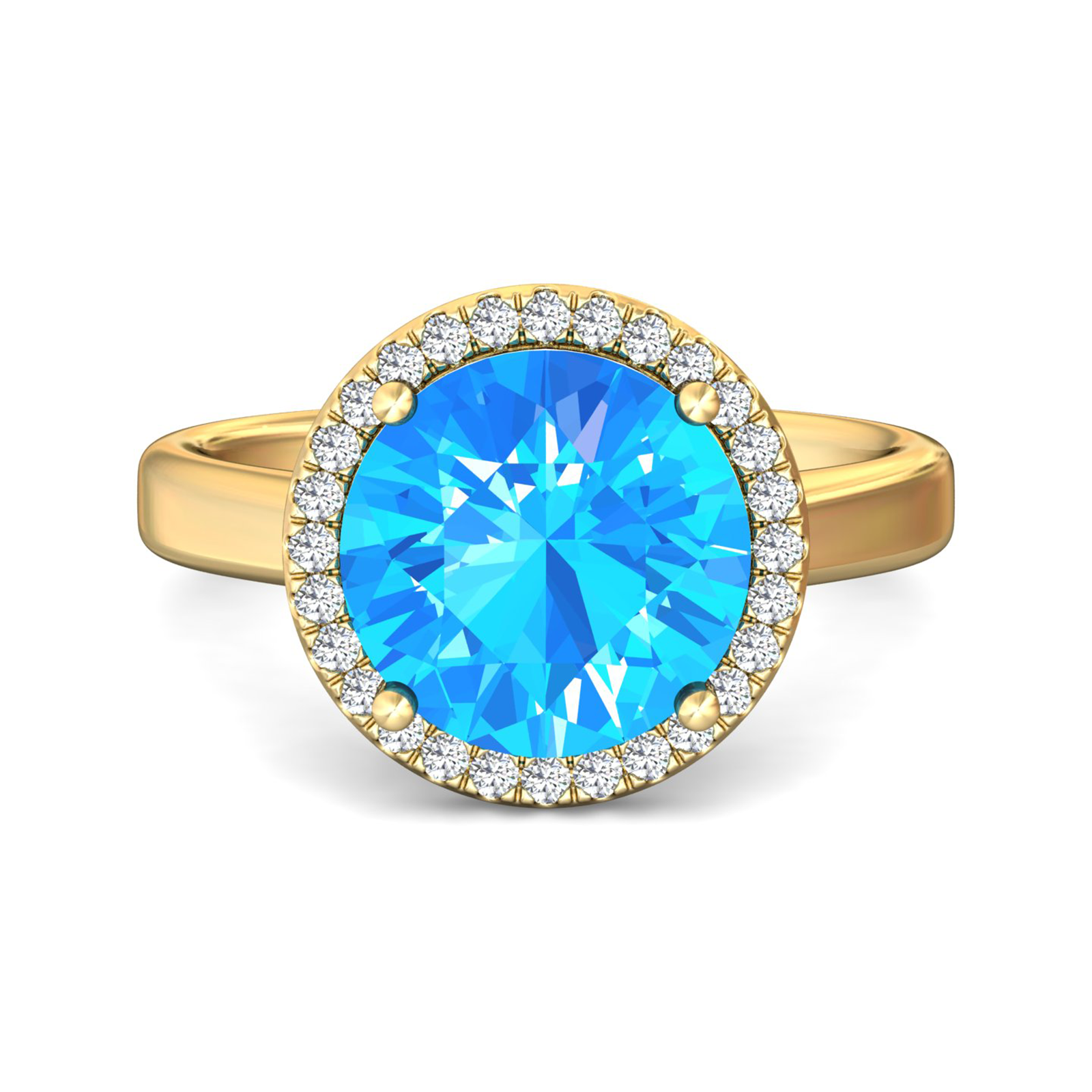 Nova round Swiss Blue Topaz ring with a halo of diamonds Gardiner Brothers