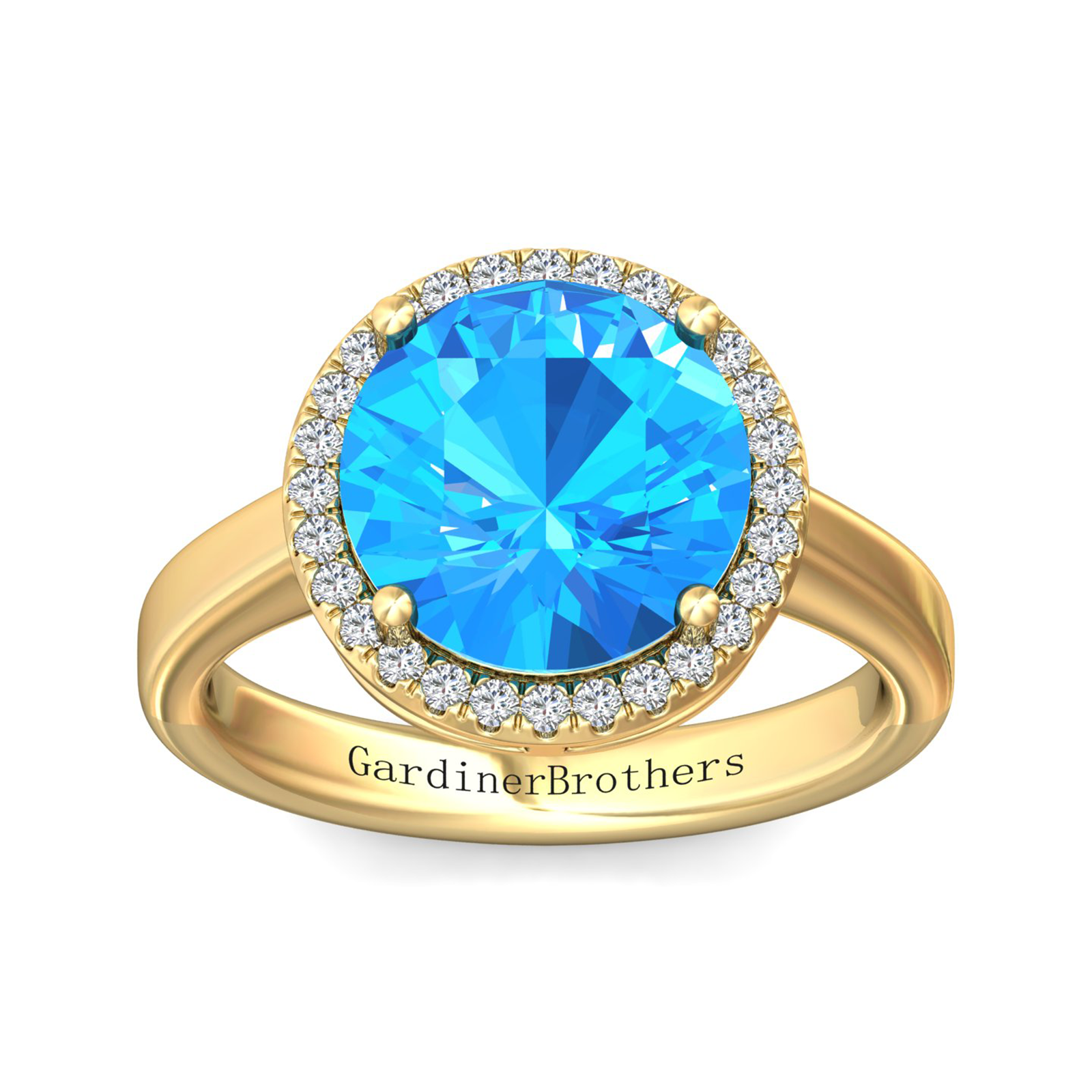 Nova round Swiss Blue Topaz ring with a halo of diamonds Gardiner Brothers