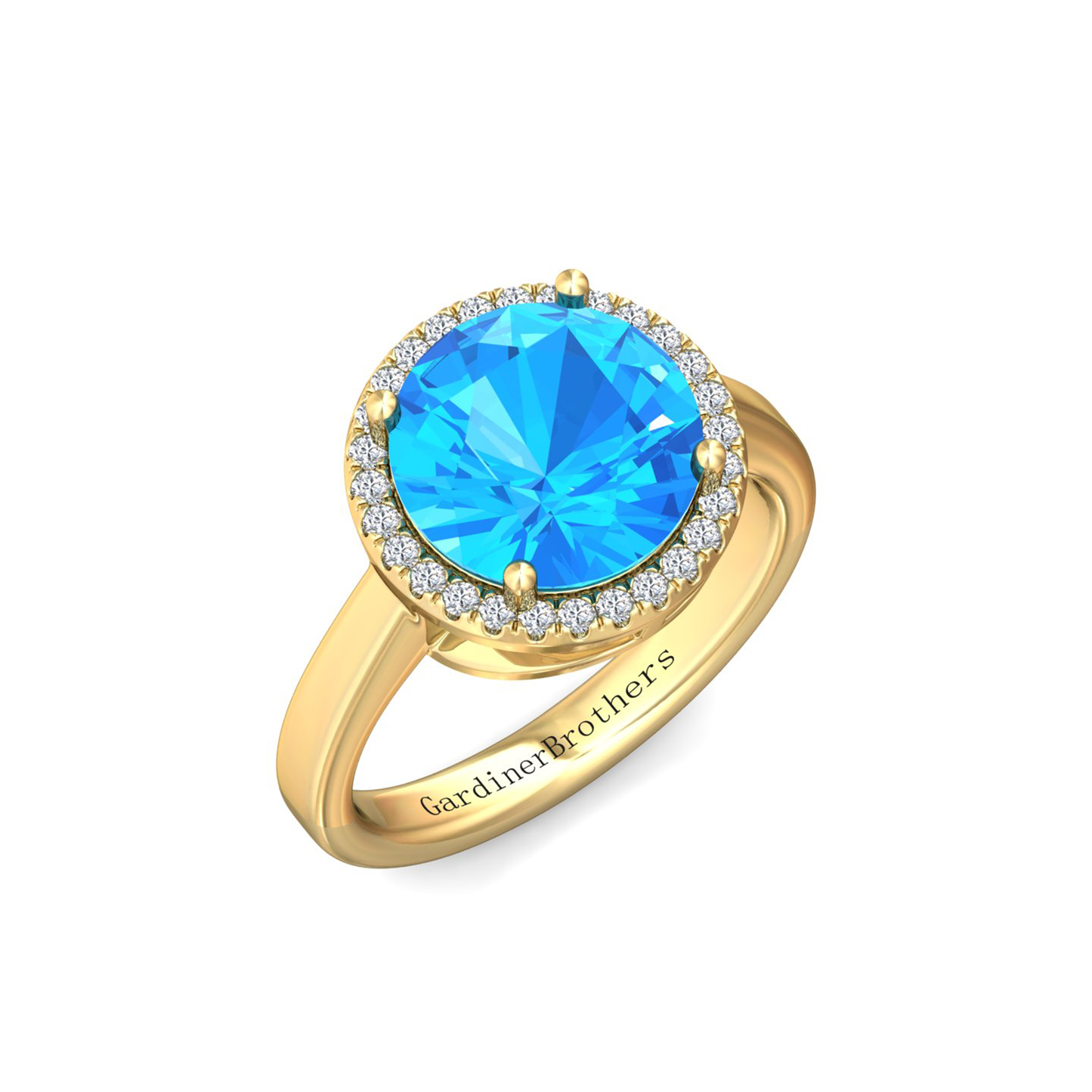 Nova round Swiss Blue Topaz ring with a halo of diamonds Gardiner Brothers Yellow Gold