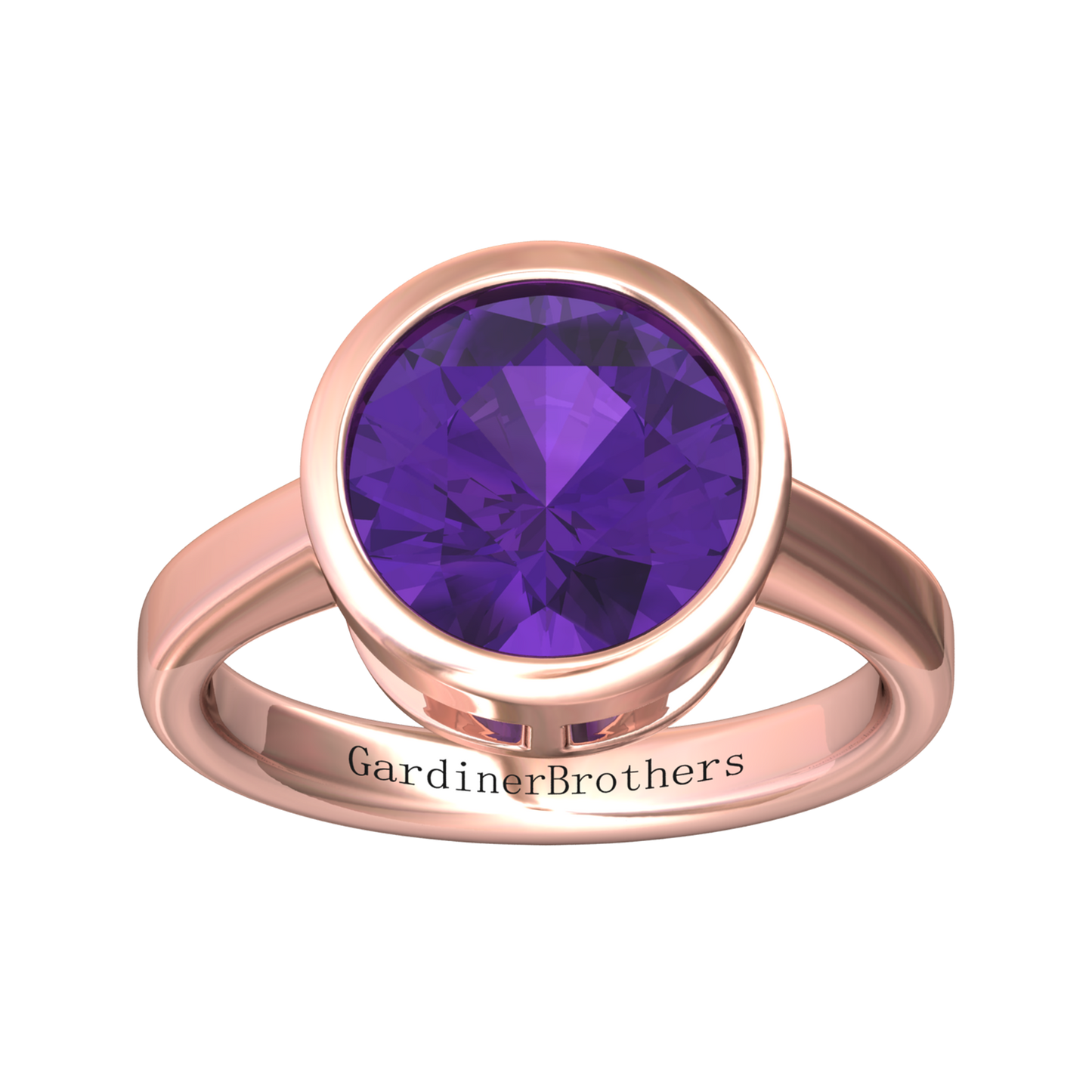 Nova round Amethyst ring set in a plain bezel setting Gardiner Brothers