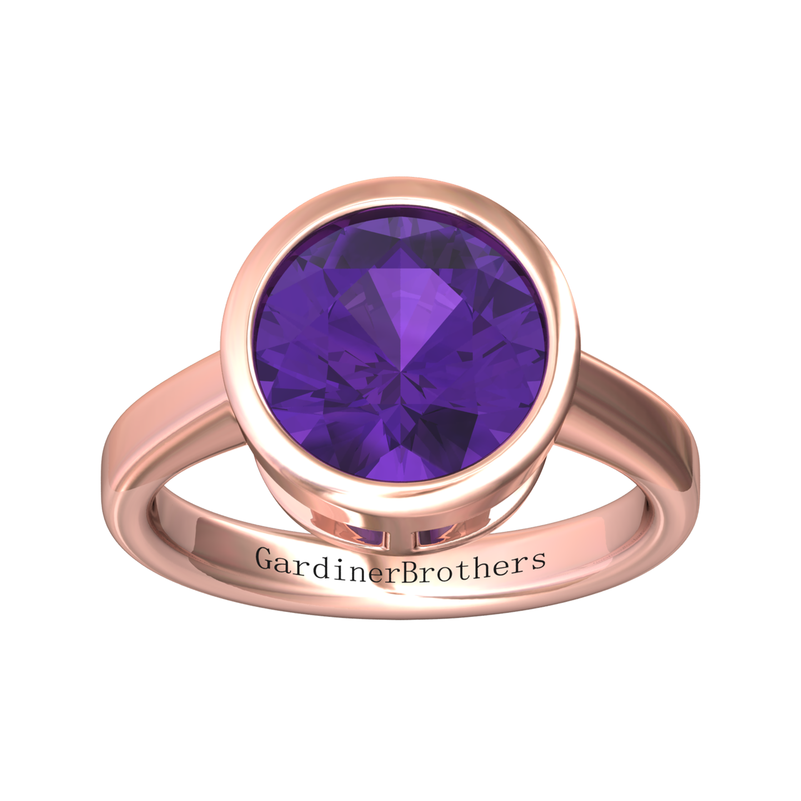 Nova round Amethyst ring set in a plain bezel setting Gardiner Brothers