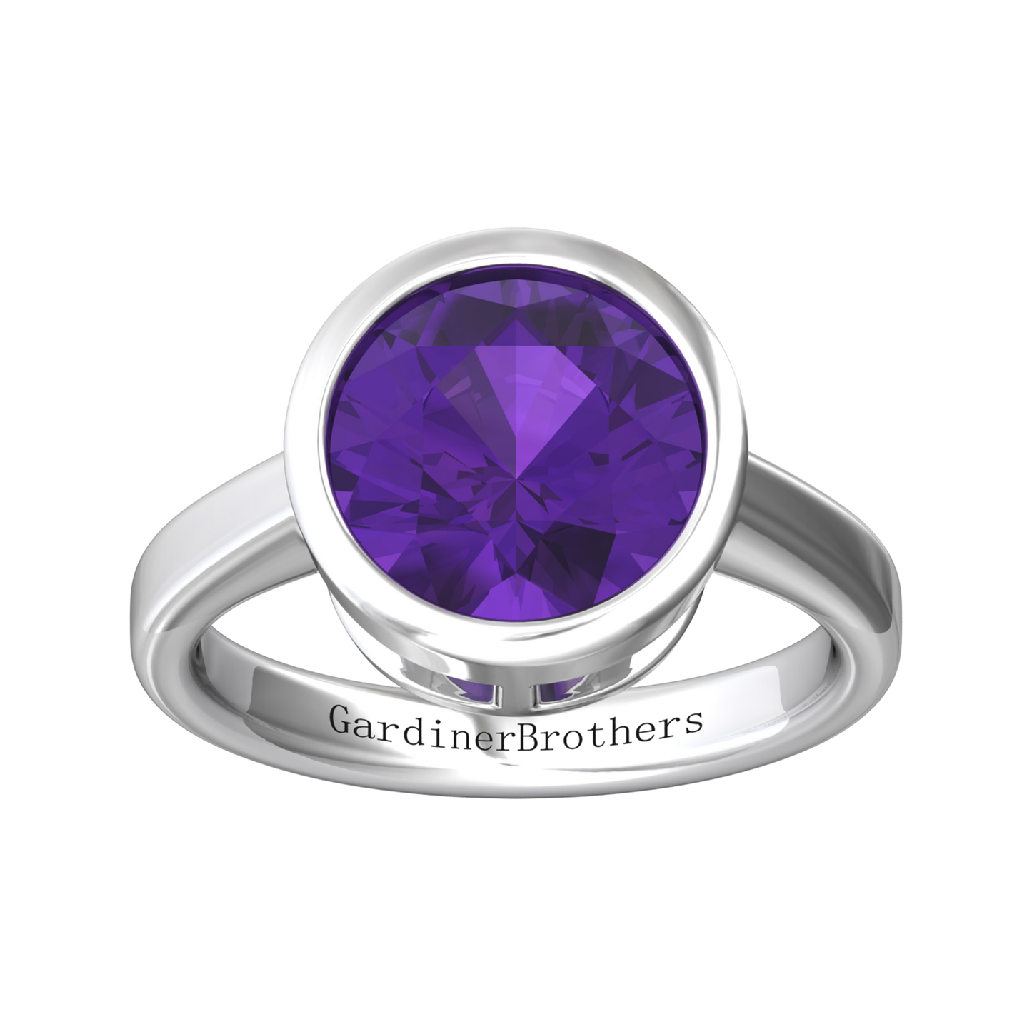 Nova round Amethyst ring set in a plain bezel setting Gardiner Brothers