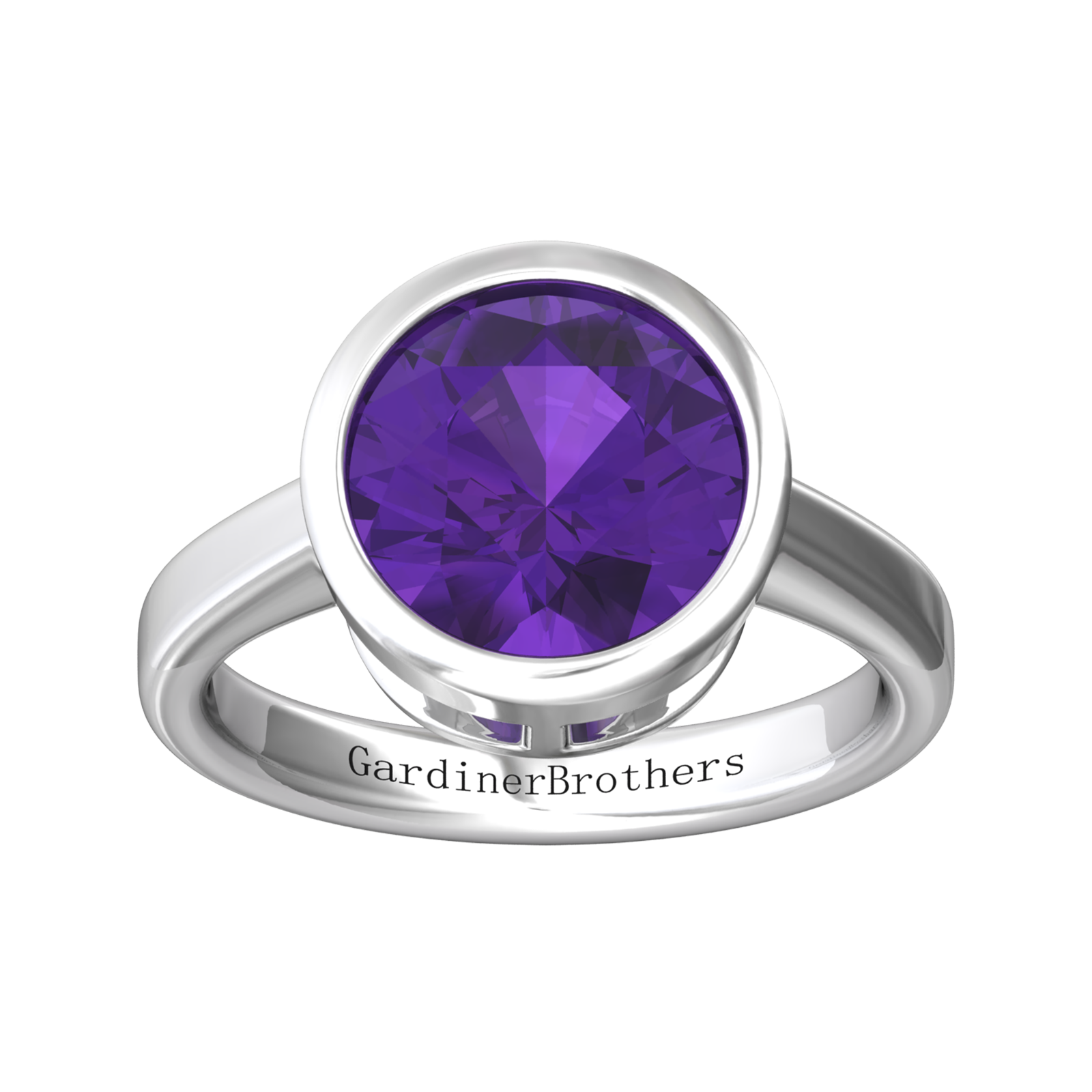 Nova round Amethyst ring set in a plain bezel setting Gardiner Brothers