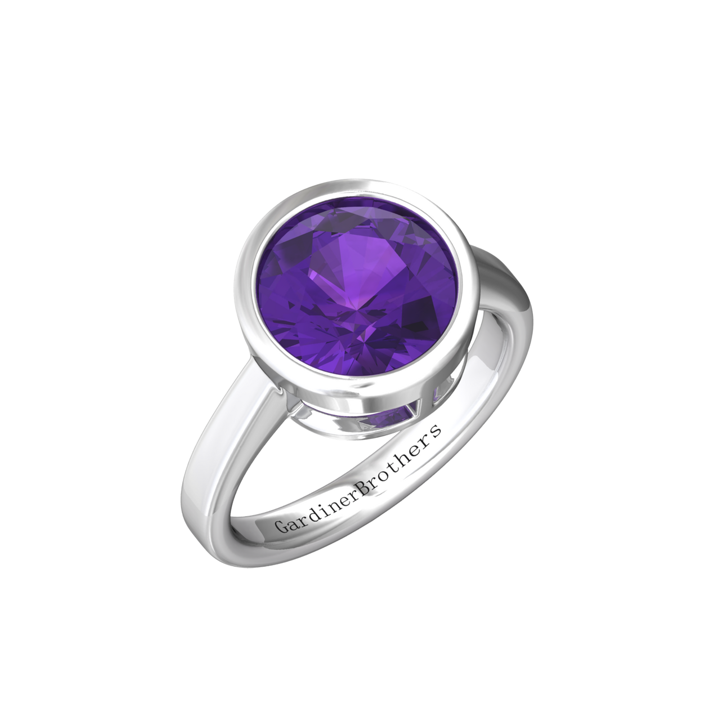 Nova round Amethyst ring set in a plain bezel setting Gardiner Brothers White Gold