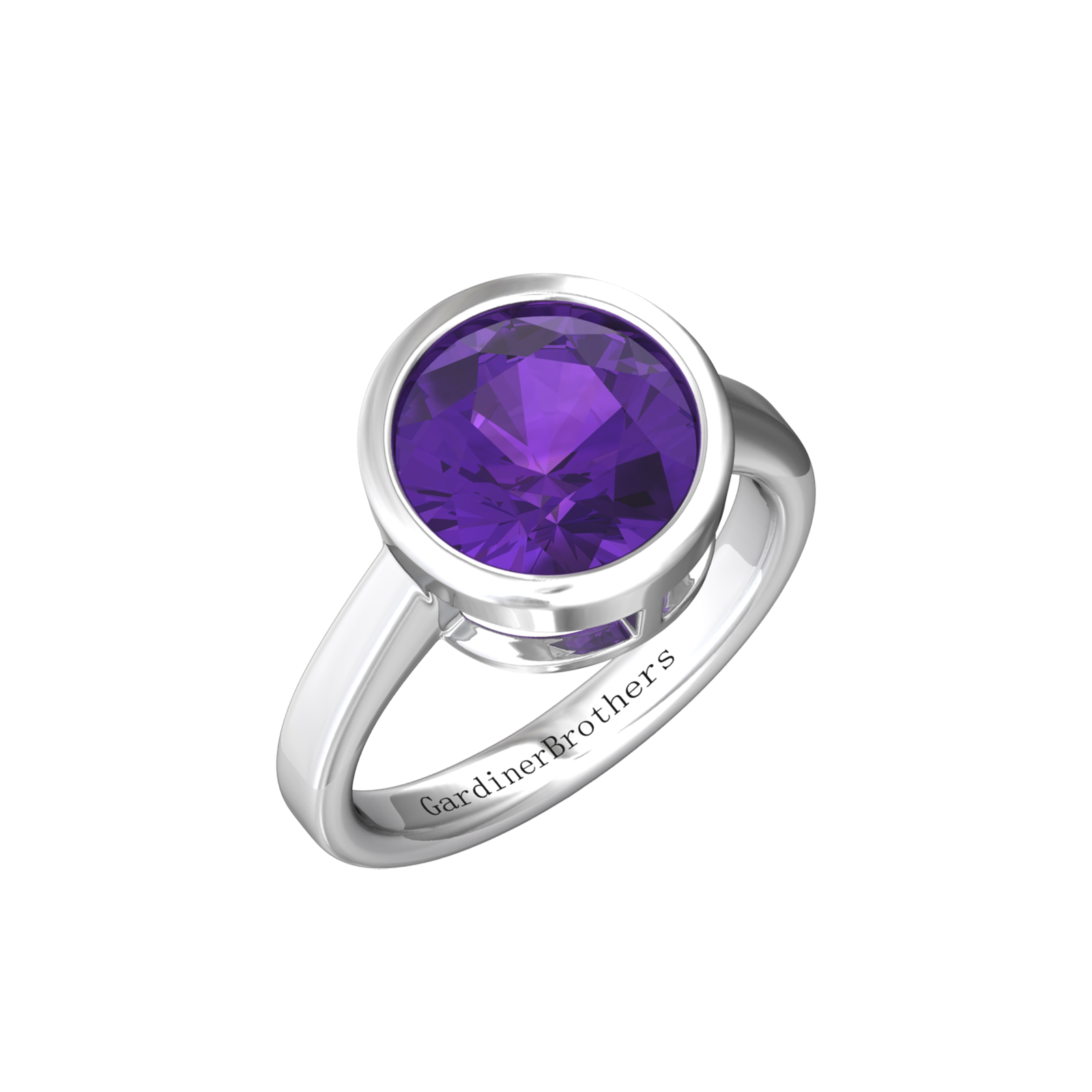 Nova round Amethyst ring set in a plain bezel setting Gardiner Brothers White Gold