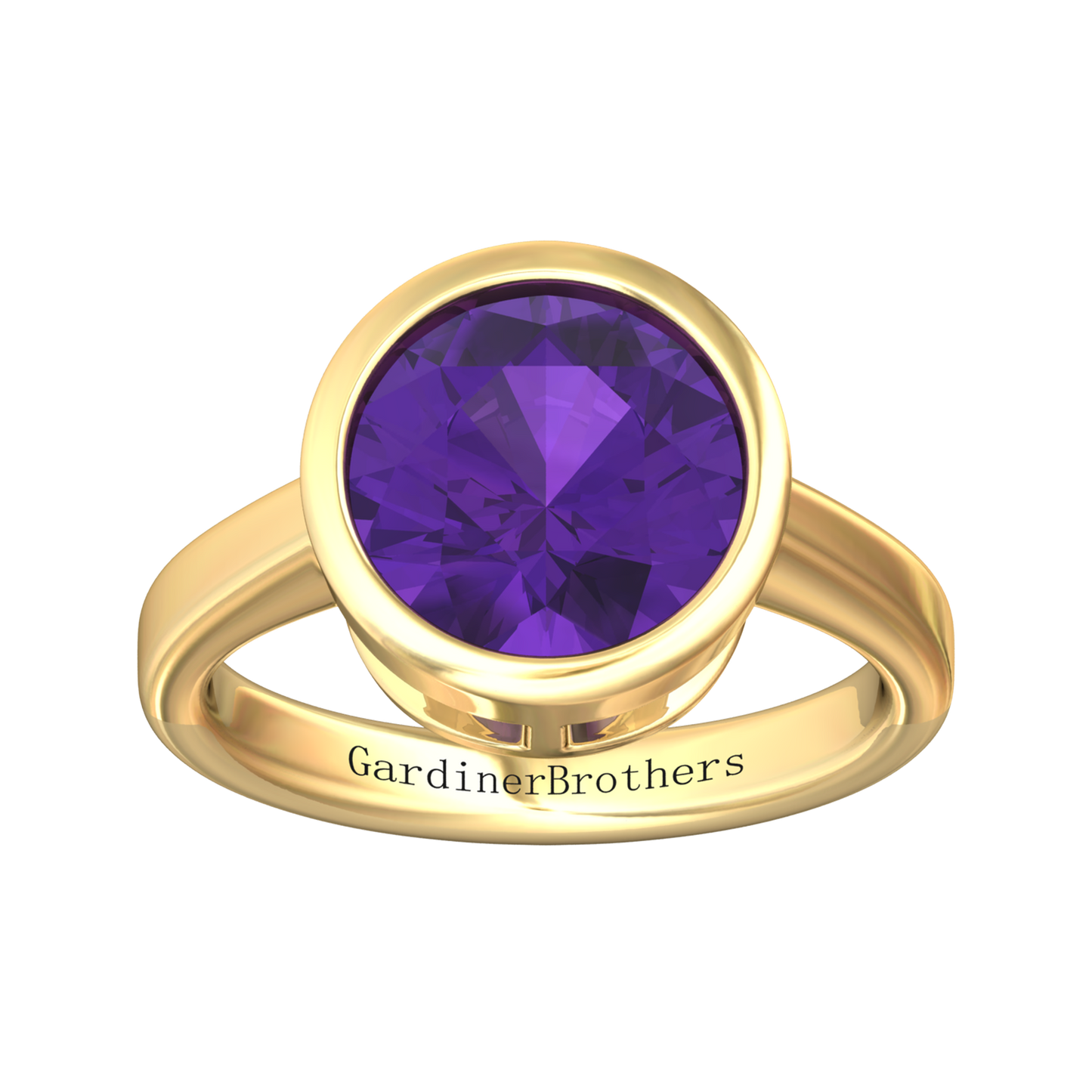 Nova round Amethyst ring set in a plain bezel setting Gardiner Brothers