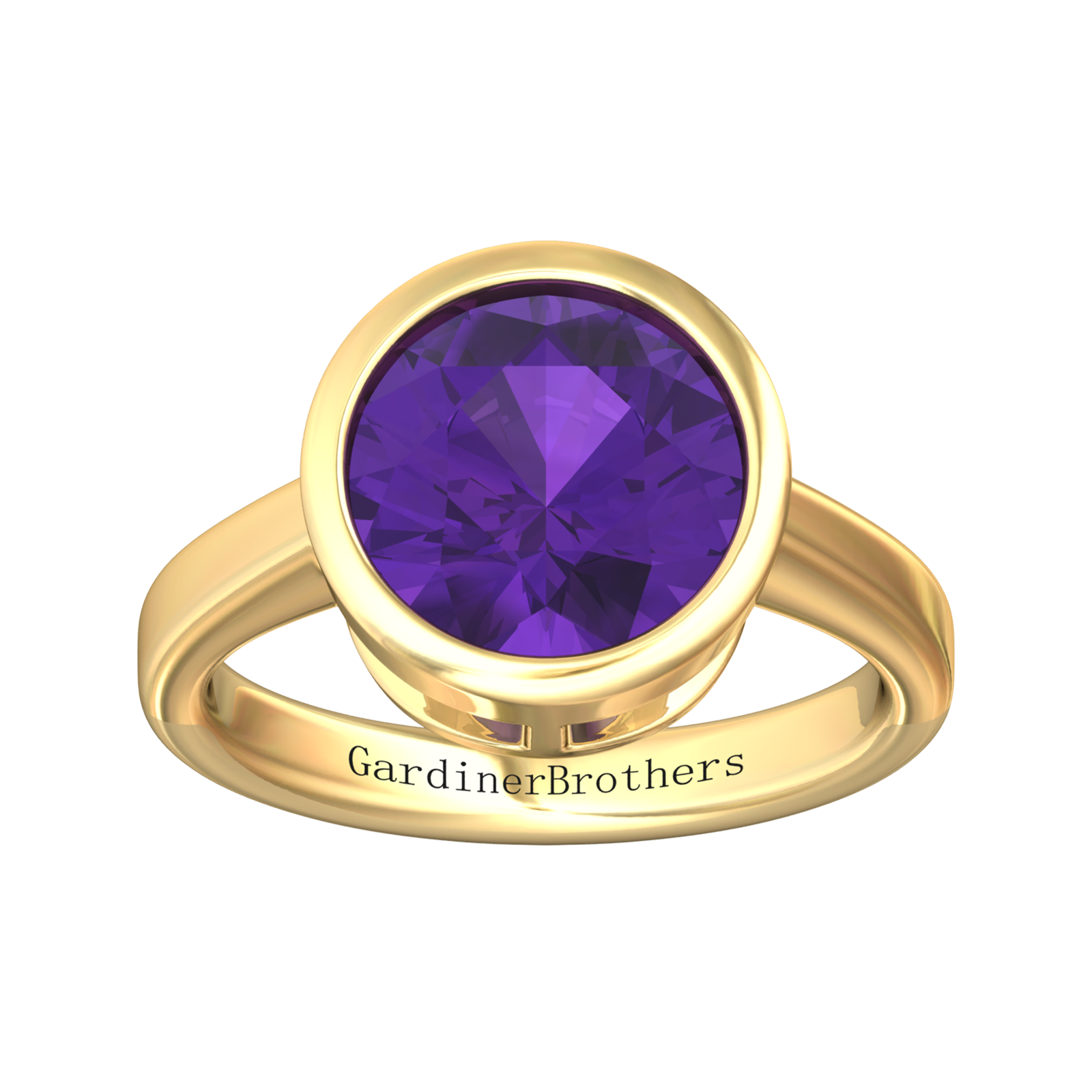 Nova round Amethyst ring set in a plain bezel setting Gardiner Brothers