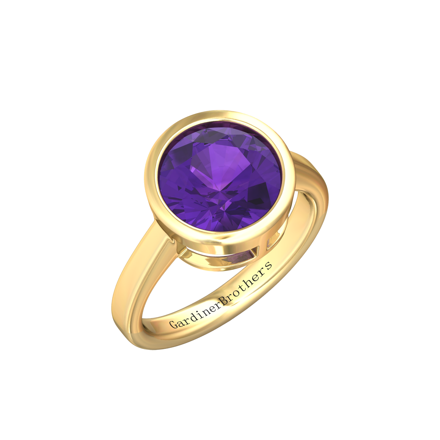 Nova round Amethyst ring set in a plain bezel setting Gardiner Brothers Yellow Gold