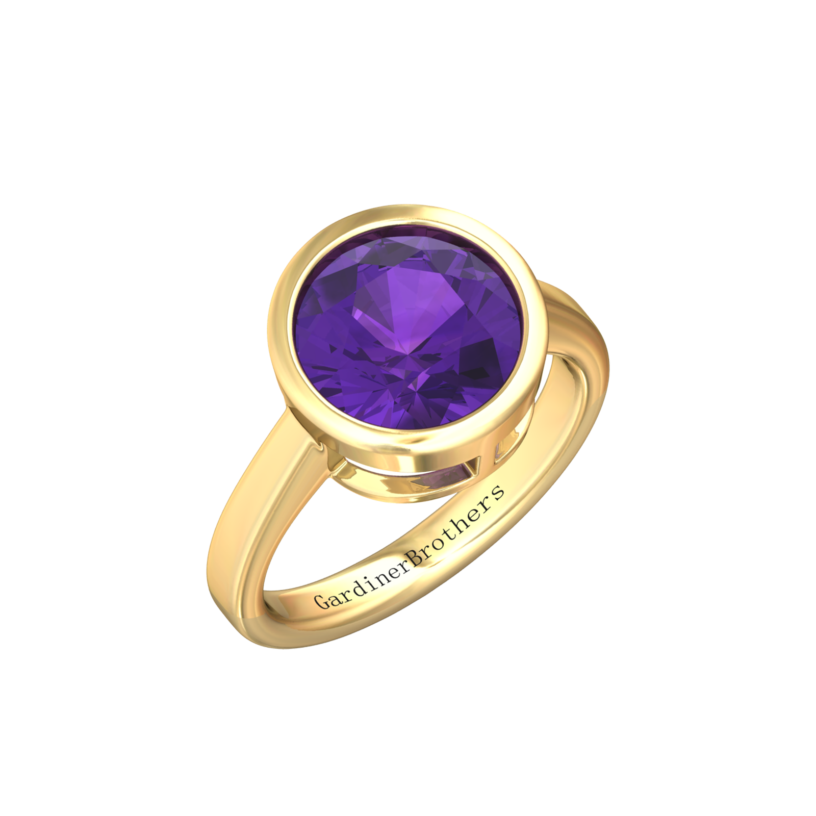 Nova round Amethyst ring set in a plain bezel setting Gardiner Brothers Yellow Gold