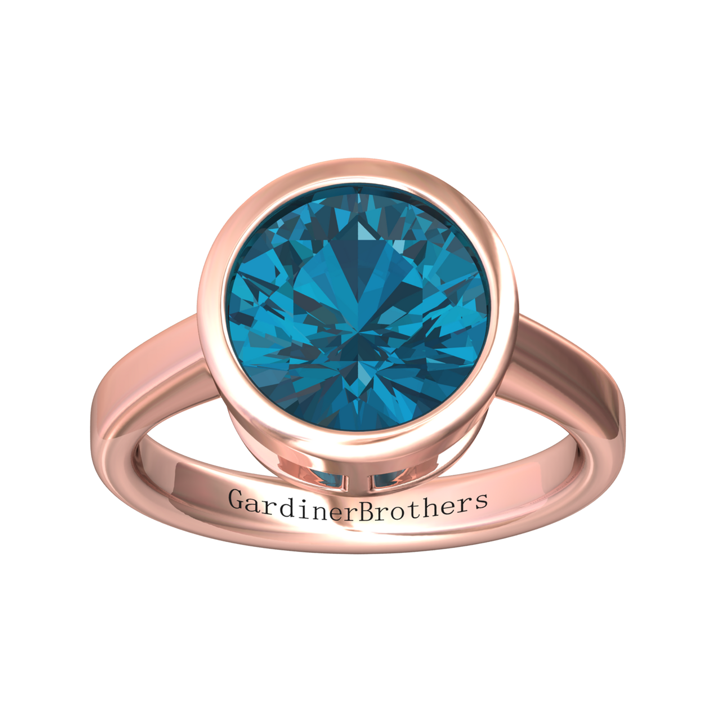 Nova round London Blue Topaz ring set in a plain bezel setting Gardiner Brothers