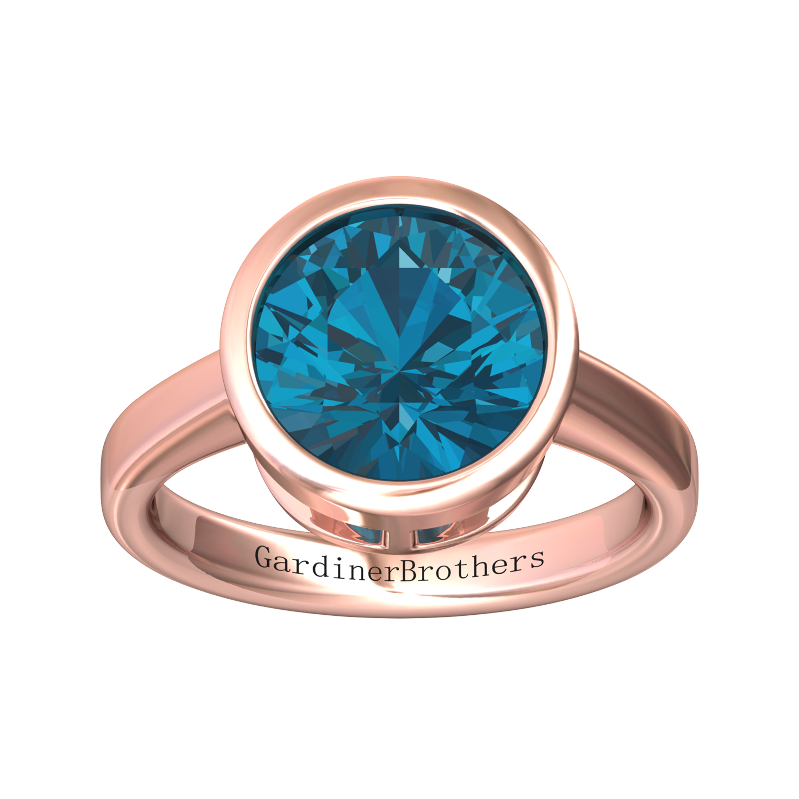 Nova round London Blue Topaz ring set in a plain bezel setting Gardiner Brothers