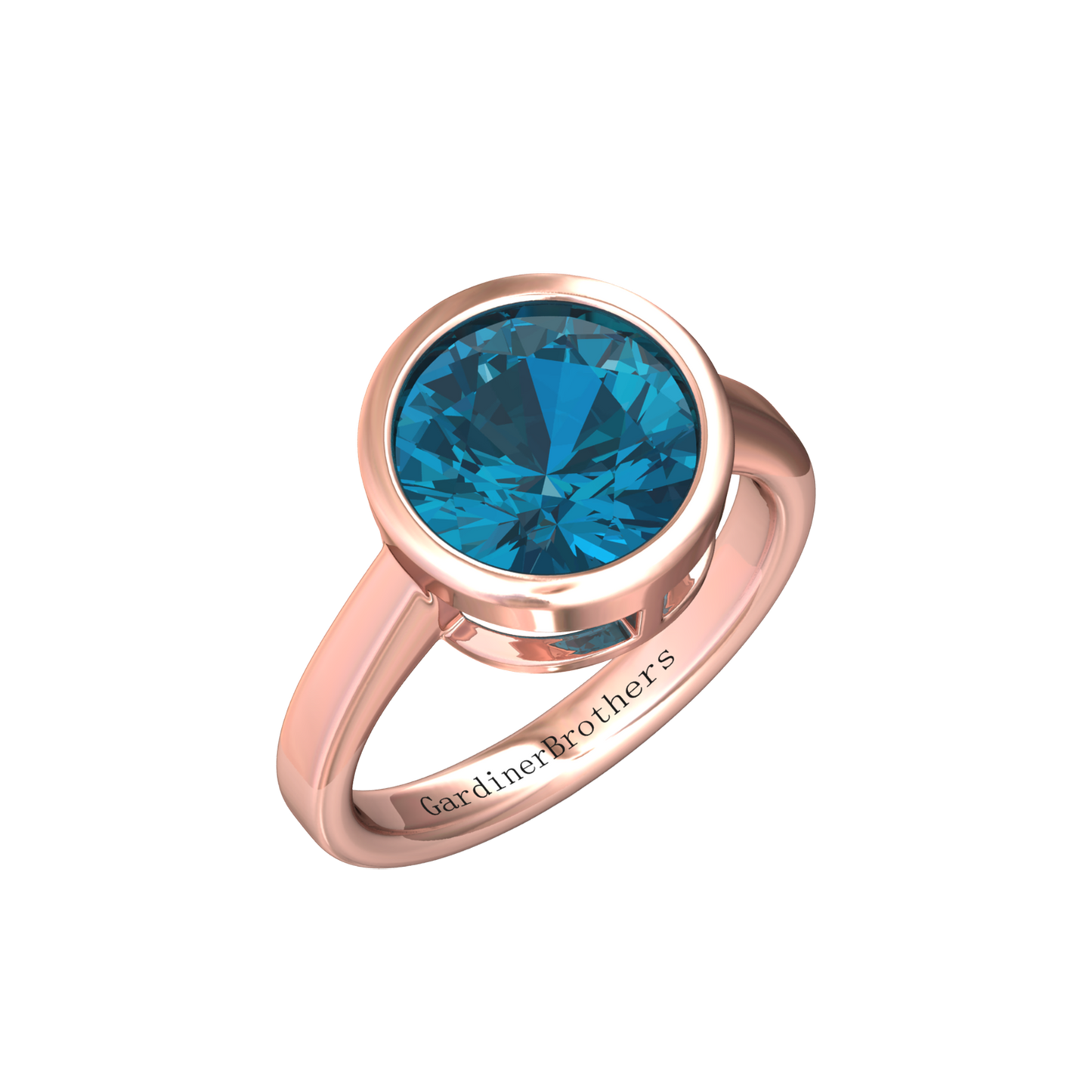 Nova round London Blue Topaz ring set in a plain bezel setting Gardiner Brothers Rose Gold
