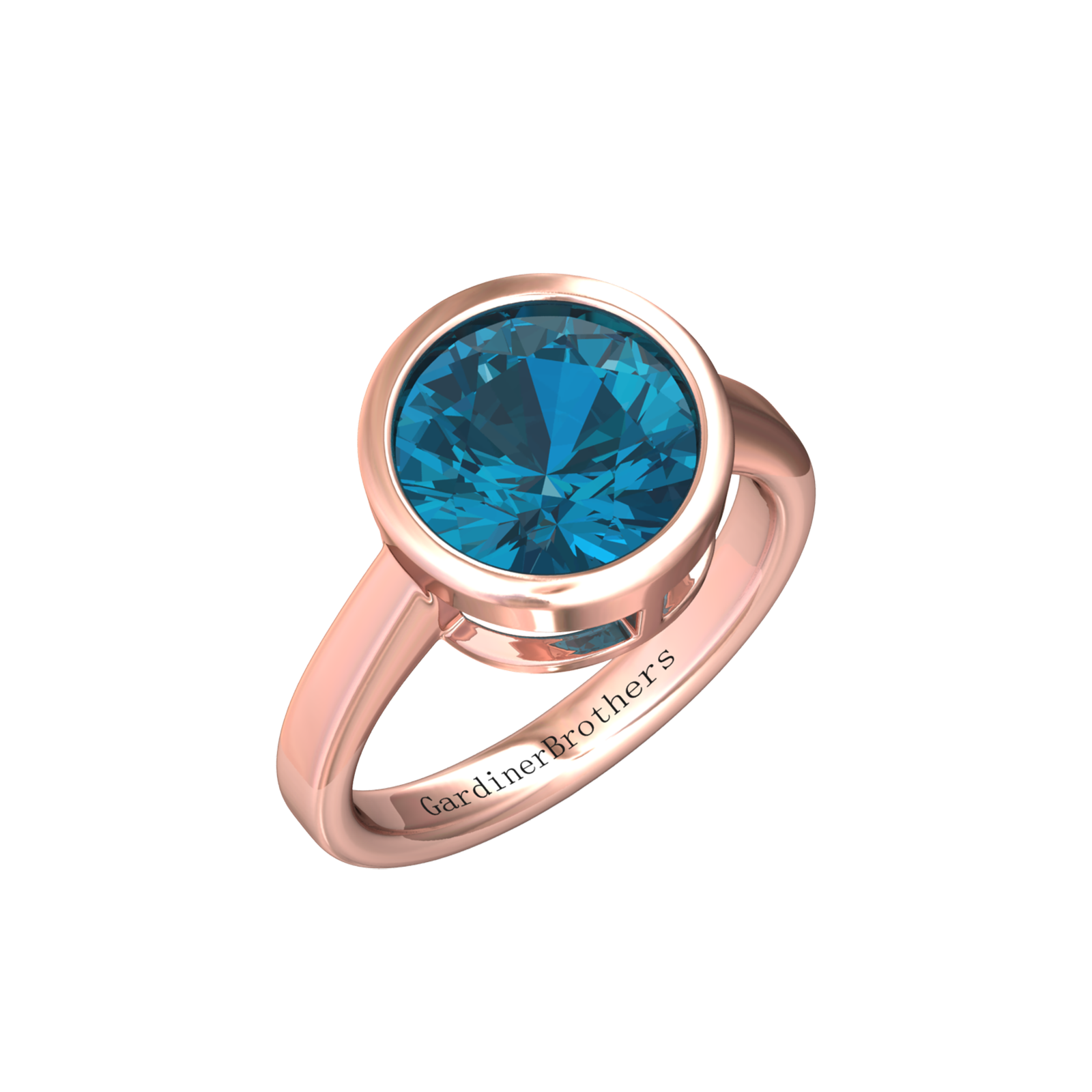 Nova round London Blue Topaz ring set in a plain bezel setting Gardiner Brothers Rose Gold