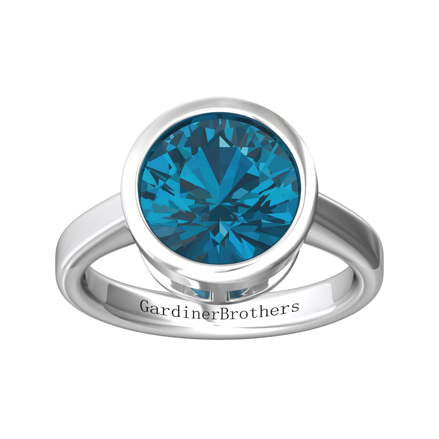 Nova round London Blue Topaz ring set in a plain bezel setting Gardiner Brothers