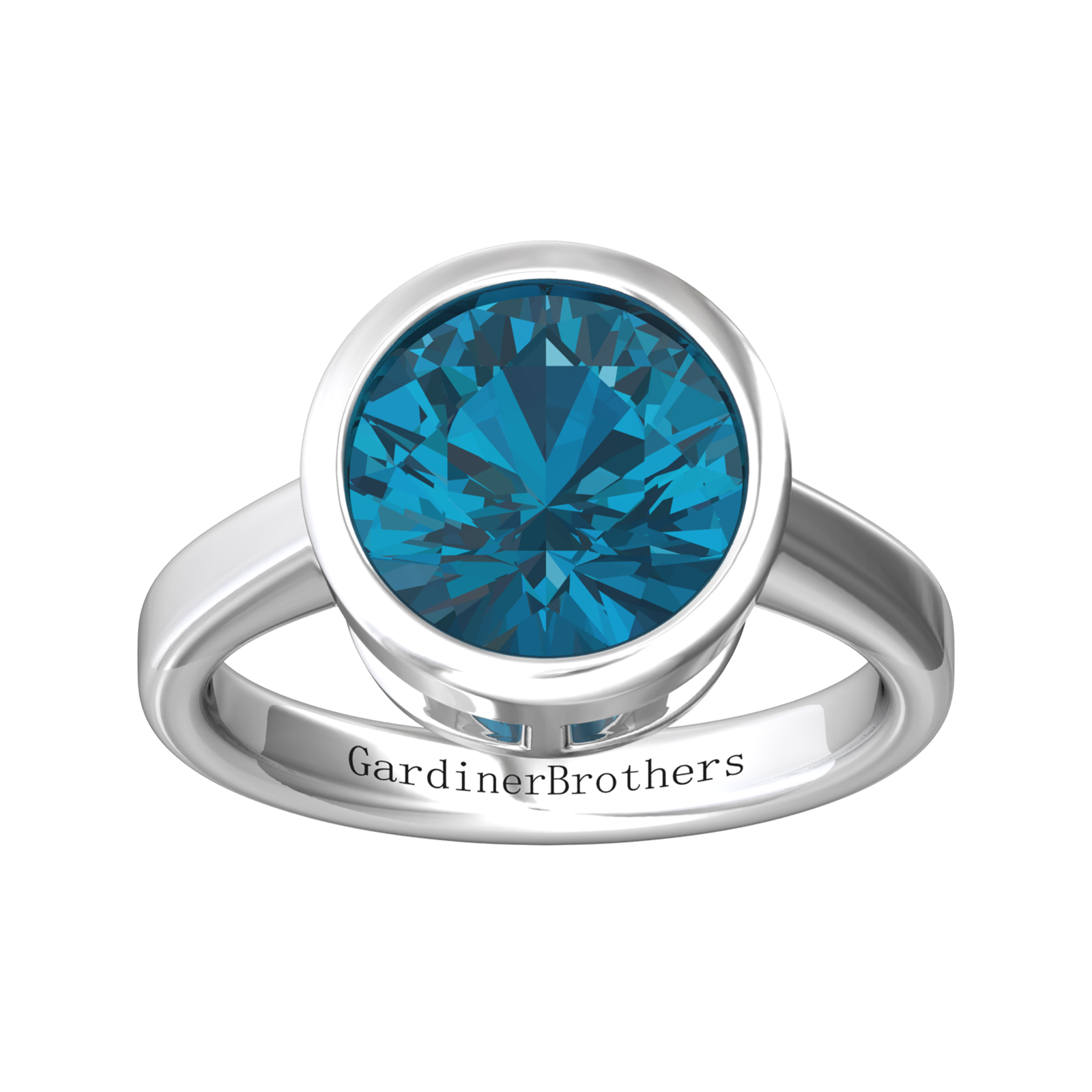 Nova round London Blue Topaz ring set in a plain bezel setting Gardiner Brothers