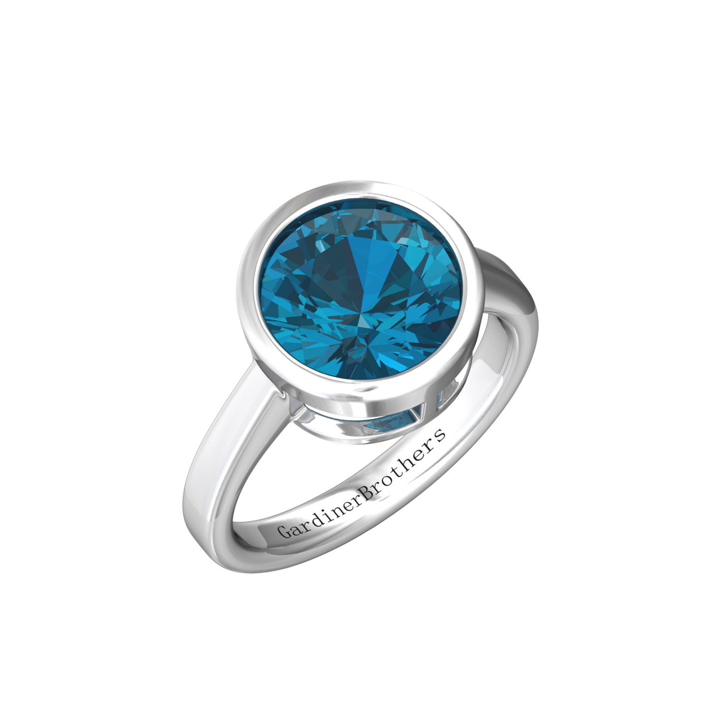 Nova round London Blue Topaz ring set in a plain bezel setting Gardiner Brothers White Gold