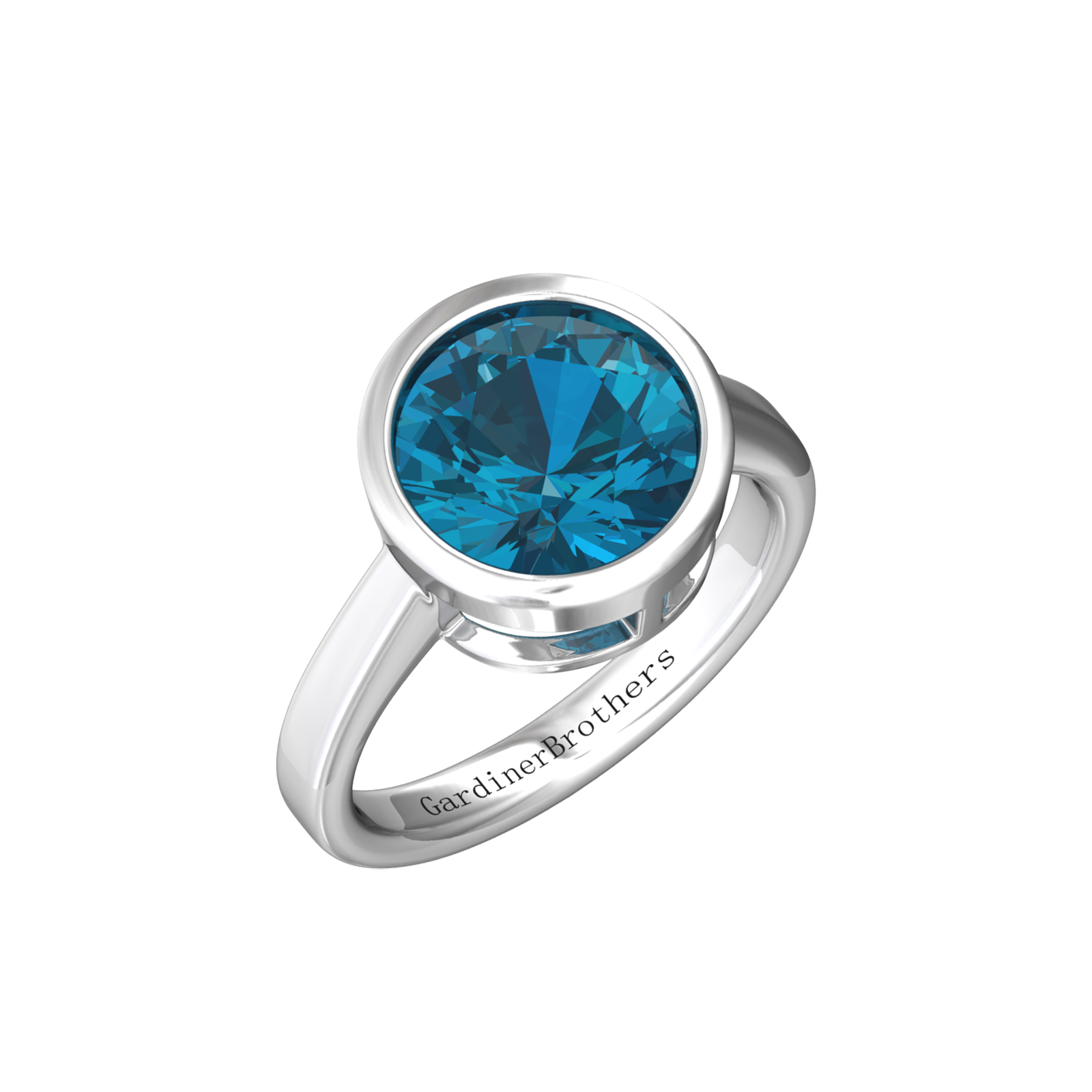 Nova round London Blue Topaz ring set in a plain bezel setting Gardiner Brothers White Gold