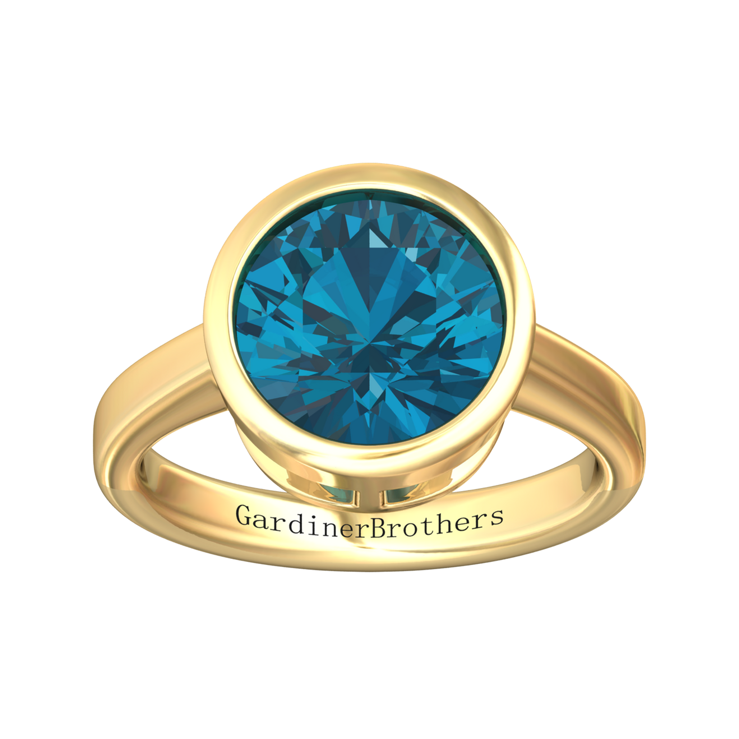 Nova round London Blue Topaz ring set in a plain bezel setting Gardiner Brothers